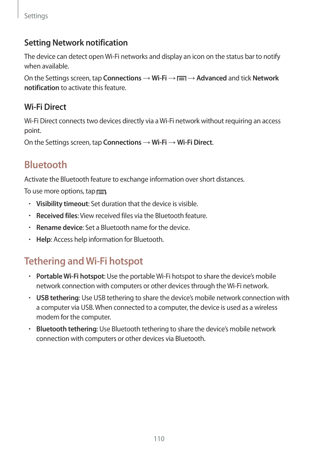 Samsung GT-I9301MBIBGL, GT2I9301MBIDBT Bluetooth, Tethering and Wi-Fi hotspot, Setting Network notification, Wi-Fi Direct 