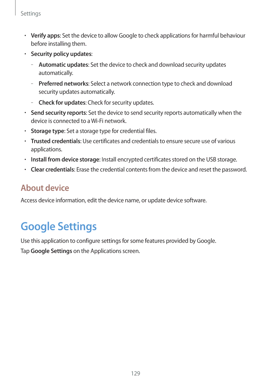 Samsung GT-I9301MBZATO, GT2I9301MBIDBT, GT-I9301MBZXEO manual Google Settings, About device, Security policy updates 