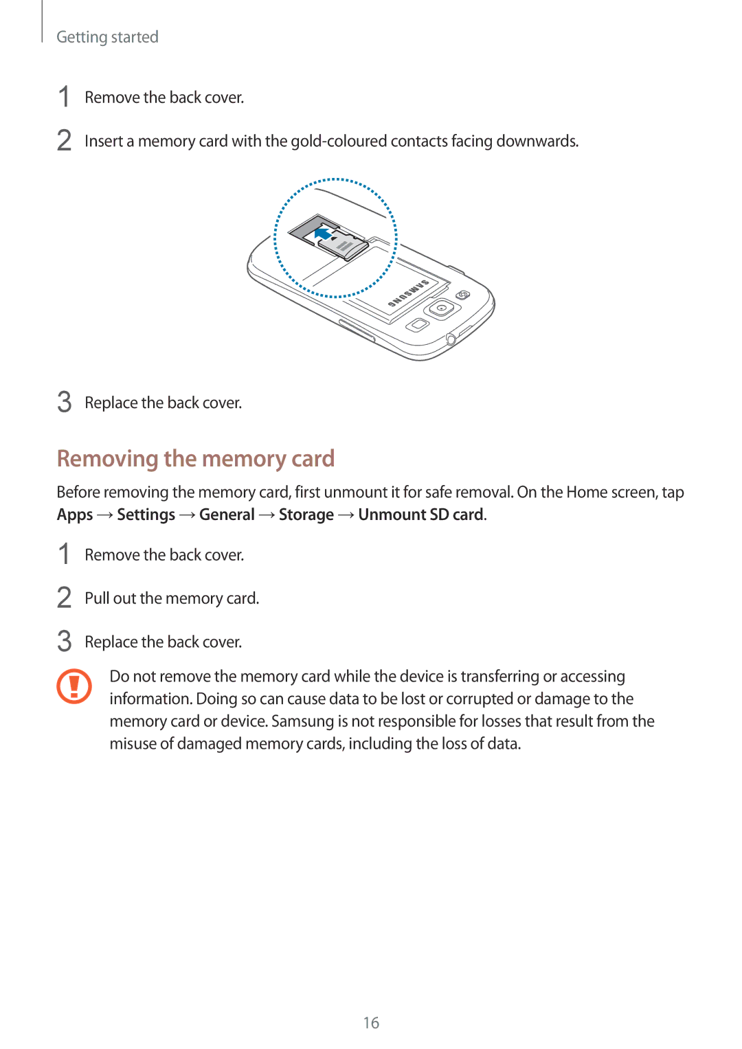 Samsung GT2I9301RWZDBT, GT2I9301MBIDBT, GT-I9301MBZXEO, GT-I9301MBZSEB, GT-I9301MBIDTM manual Removing the memory card 