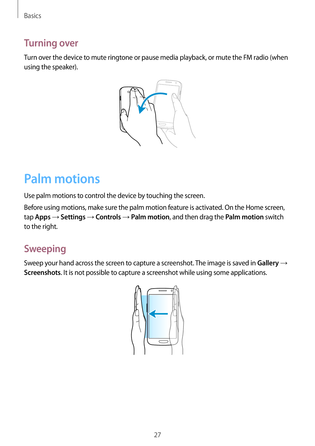 Samsung GT-I9301OKITTR, GT2I9301MBIDBT, GT-I9301MBZXEO, GT-I9301MBZSEB, GT-I9301MBIDTM Palm motions, Turning over, Sweeping 