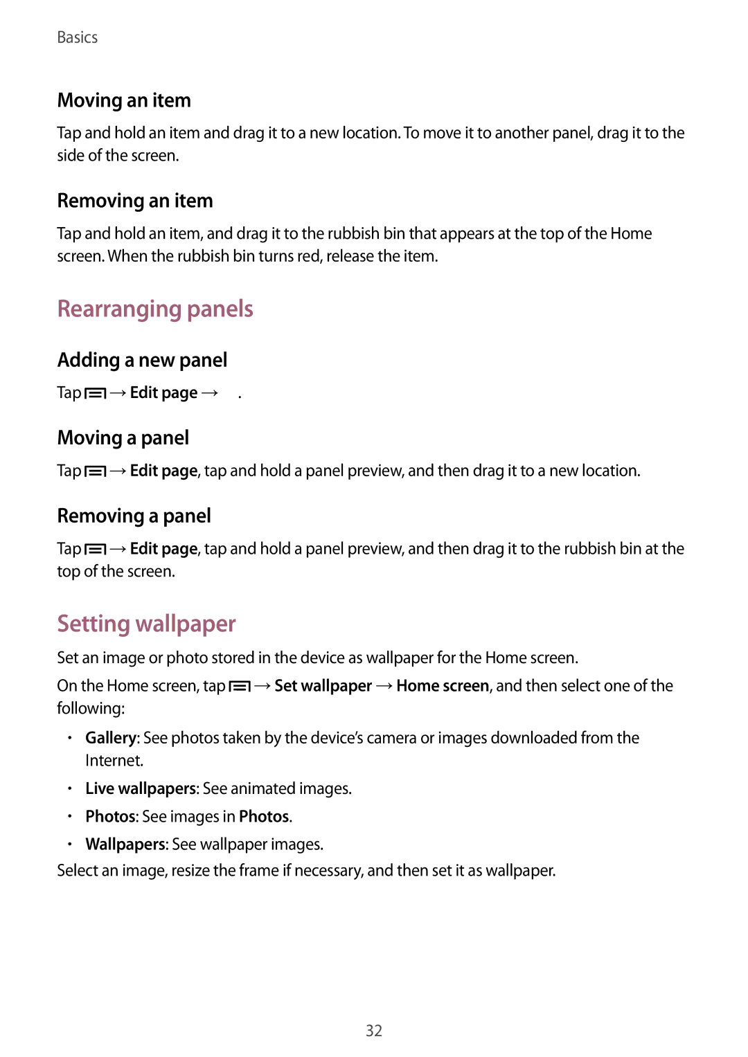 Samsung GT-I9301OKZDBT, GT2I9301MBIDBT, GT-I9301MBZXEO, GT-I9301MBZSEB, GT-I9301MBIDTM Rearranging panels, Setting wallpaper 