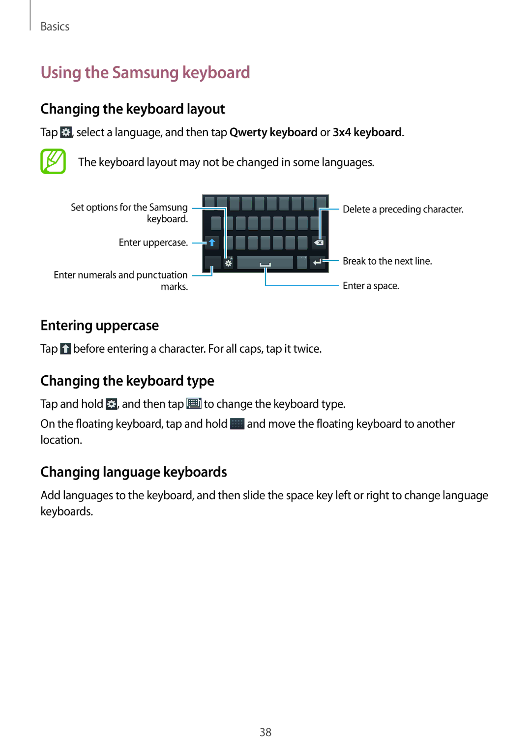 Samsung GT-I9301MBZTPH, GT2I9301MBIDBT manual Using the Samsung keyboard, Changing the keyboard layout, Entering uppercase 