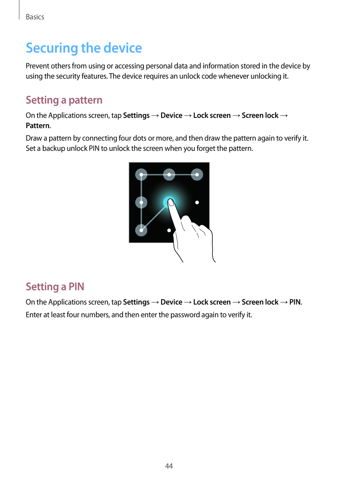 Samsung GT-I9301MBIDBT, GT2I9301MBIDBT, GT-I9301MBZXEO, GT-I9301MBZSEB Securing the device, Setting a pattern, Setting a PIN 