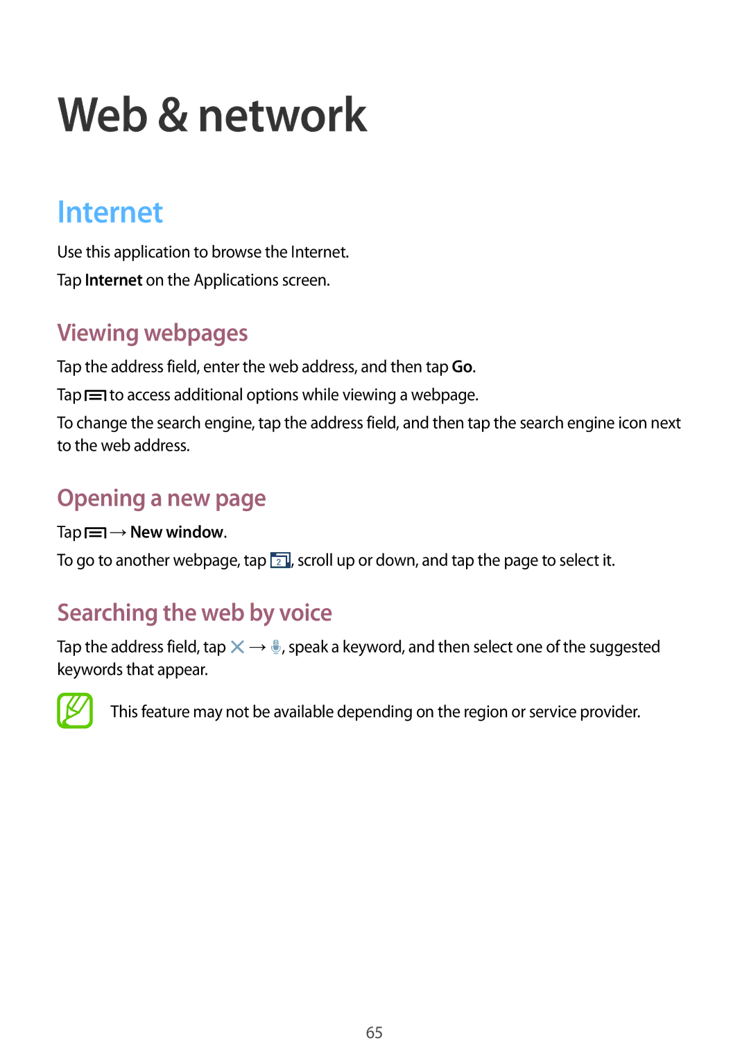 Samsung GT-I9301RWIBGL manual Web & network, Internet, Viewing webpages, Opening a new, Searching the web by voice 