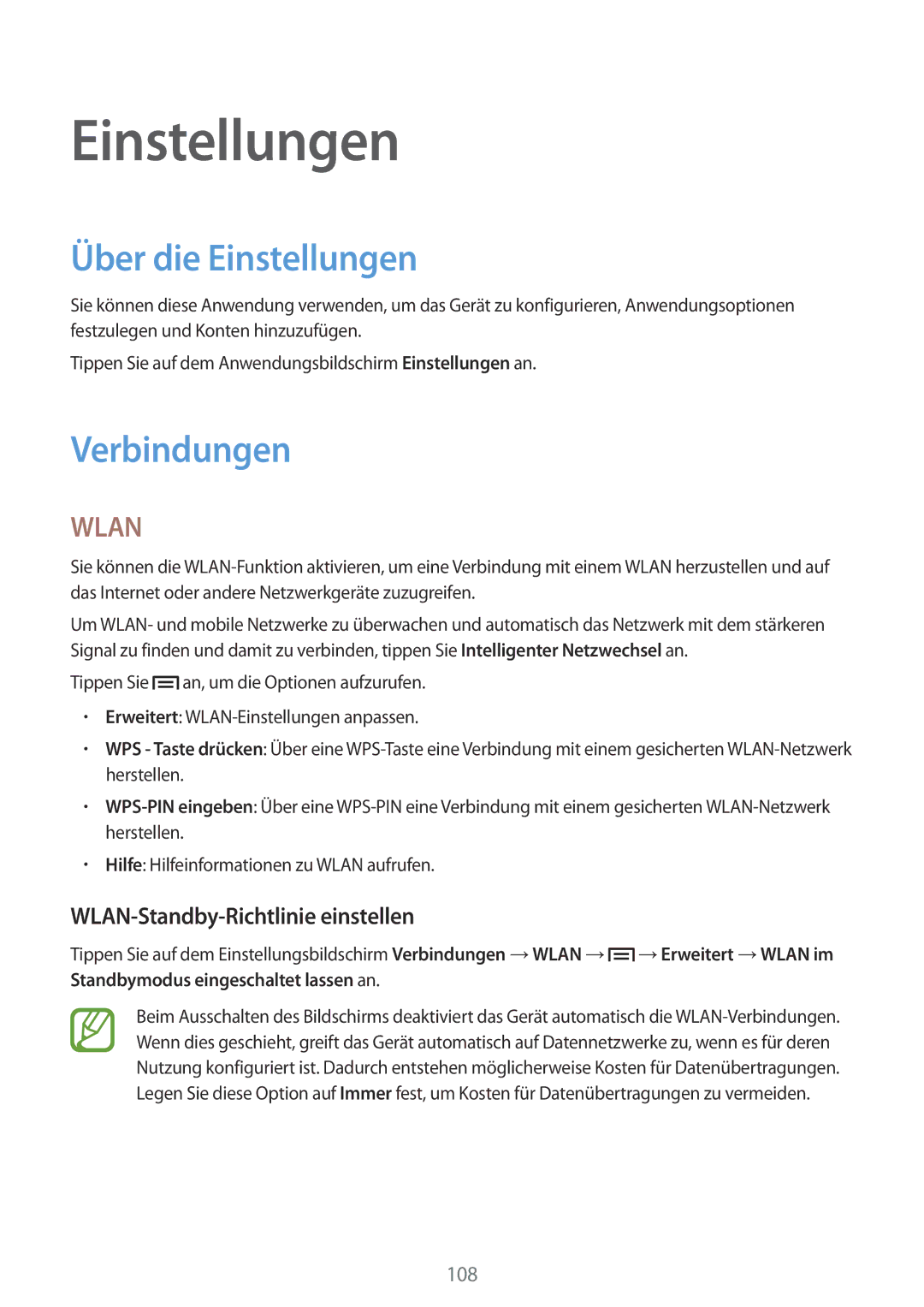 Samsung GT-I9301OKIMEO, GT2I9301MBIDBT manual Über die Einstellungen, Verbindungen, WLAN-Standby-Richtlinie einstellen 