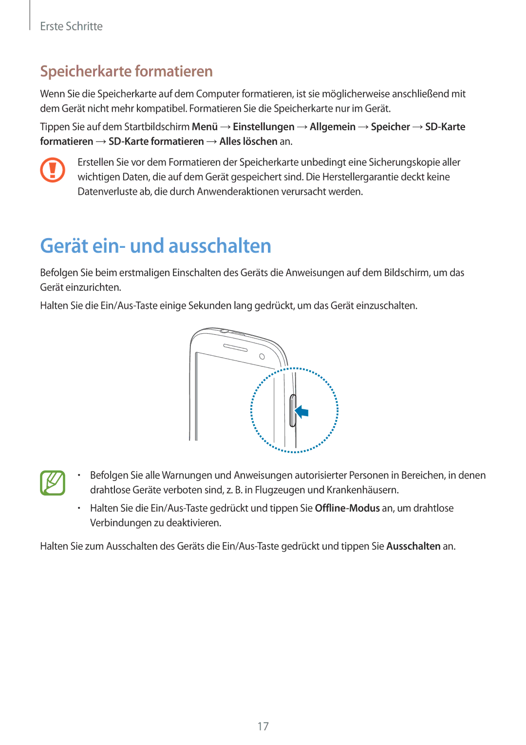 Samsung GT-I9301RWZTPH, GT2I9301MBIDBT, GT-I9301MBZXEO, GT-I9301MBZSEB Gerät ein- und ausschalten, Speicherkarte formatieren 