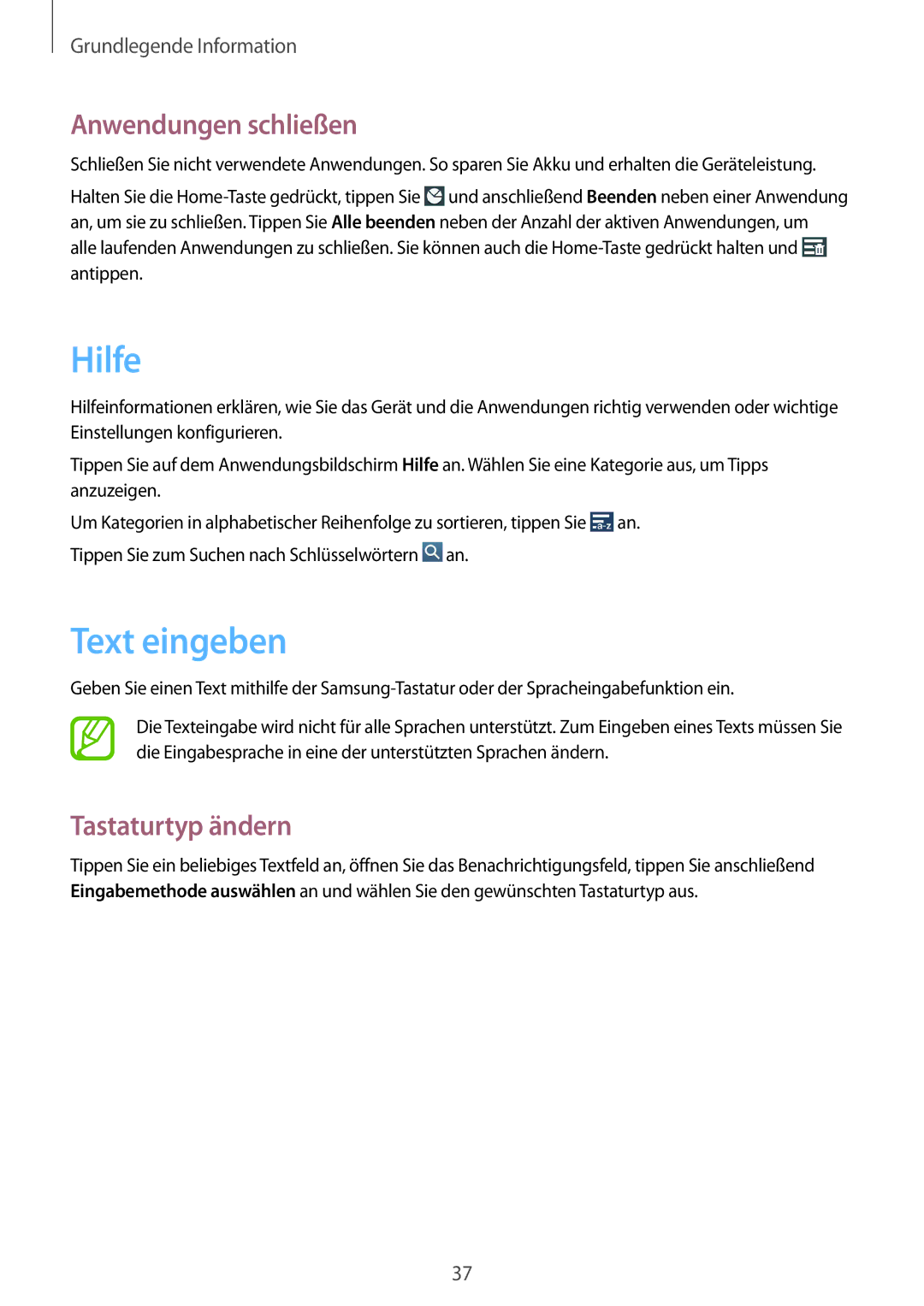 Samsung GT-I9301OKISEB, GT2I9301MBIDBT, GT-I9301MBZXEO manual Hilfe, Text eingeben, Anwendungen schließen, Tastaturtyp ändern 