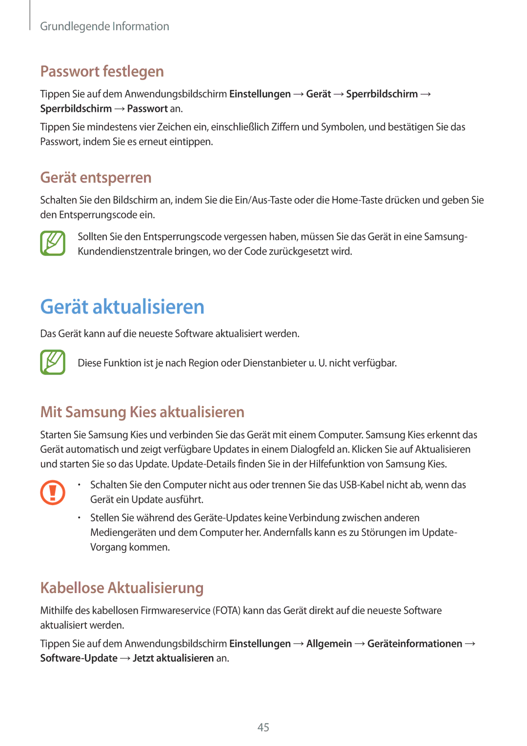 Samsung GT2I9301MBIDBT manual Gerät aktualisieren, Passwort festlegen, Gerät entsperren, Mit Samsung Kies aktualisieren 