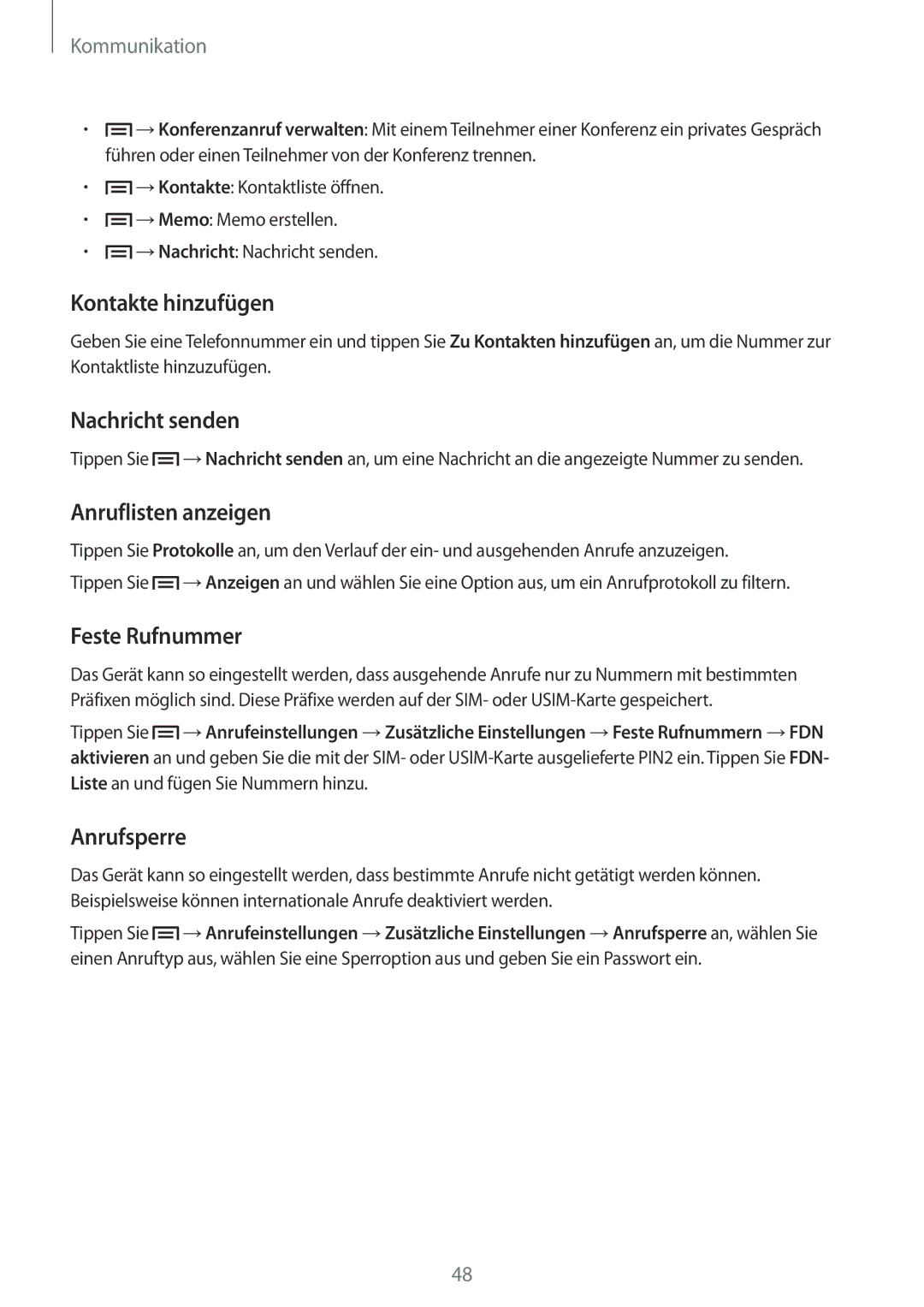 Samsung GT-I9301MBIDTM manual Kontakte hinzufügen, Nachricht senden, Anruflisten anzeigen, Feste Rufnummer, Anrufsperre 