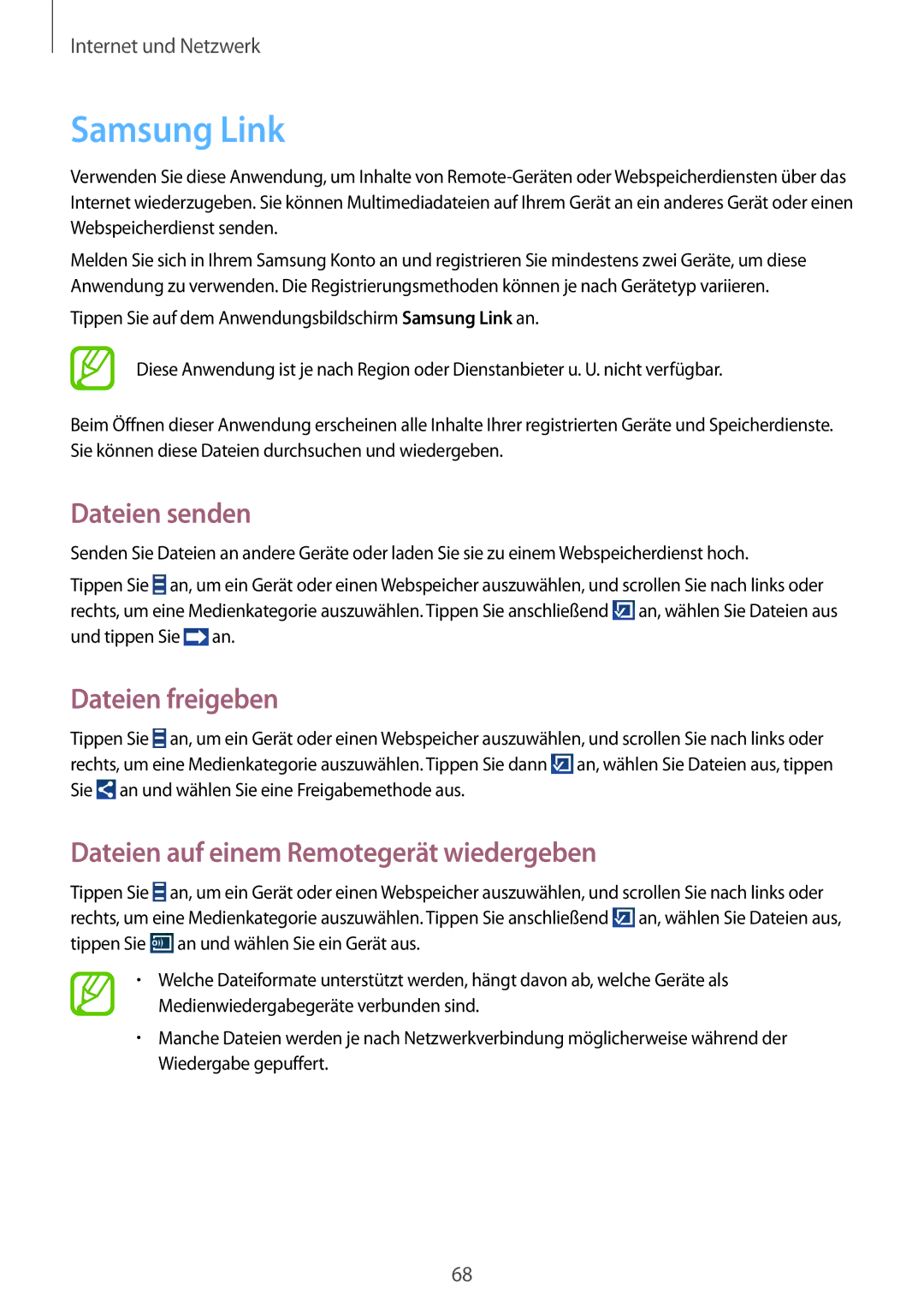 Samsung GT-I9301OKZXEO manual Samsung Link, Dateien senden, Dateien freigeben, Dateien auf einem Remotegerät wiedergeben 