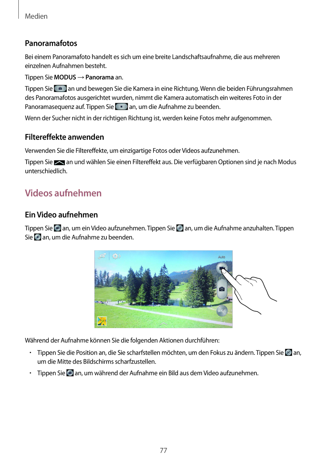 Samsung GT-I9301OKZDBT, GT2I9301MBIDBT manual Videos aufnehmen, Panoramafotos, Filtereffekte anwenden, Ein Video aufnehmen 
