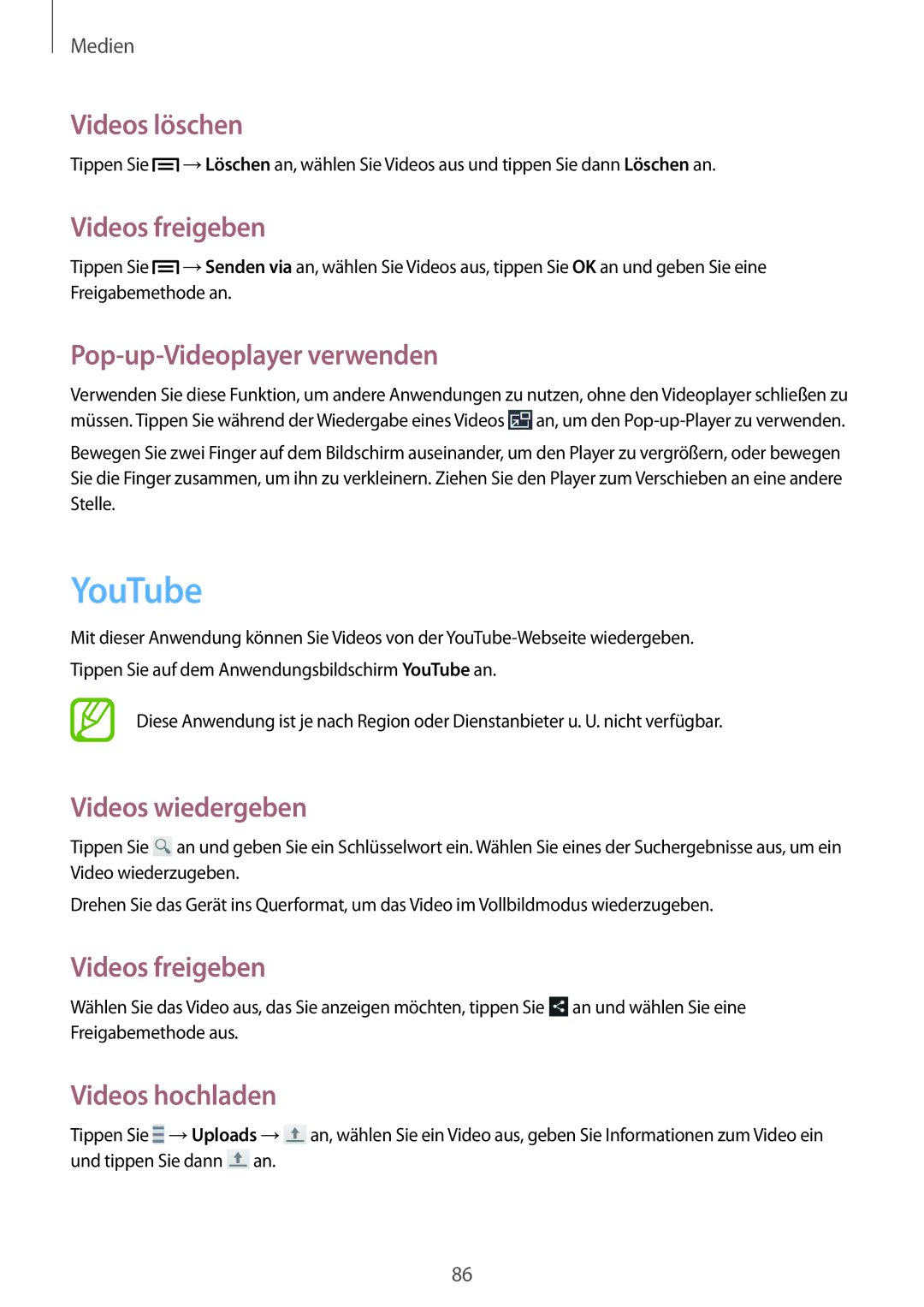 Samsung GT-I9301MBITPH manual YouTube, Videos löschen, Videos freigeben, Pop-up-Videoplayer verwenden, Videos hochladen 