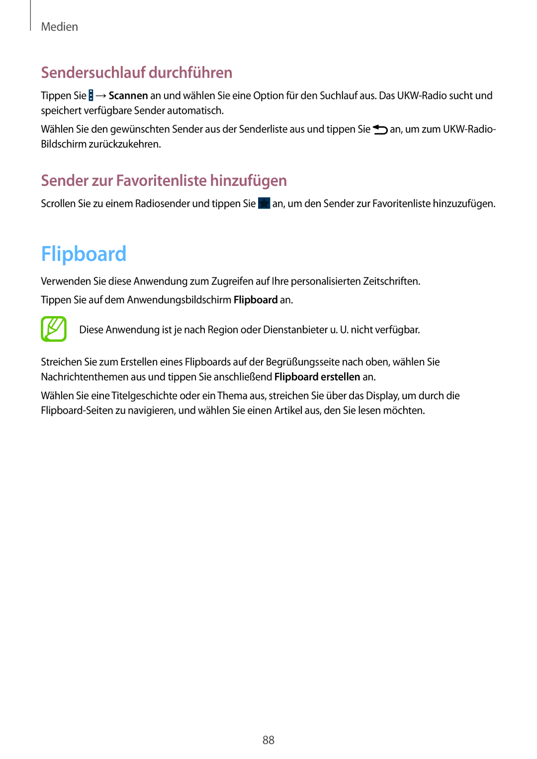 Samsung GT-I9301OKZTPH, GT2I9301MBIDBT manual Flipboard, Sendersuchlauf durchführen, Sender zur Favoritenliste hinzufügen 