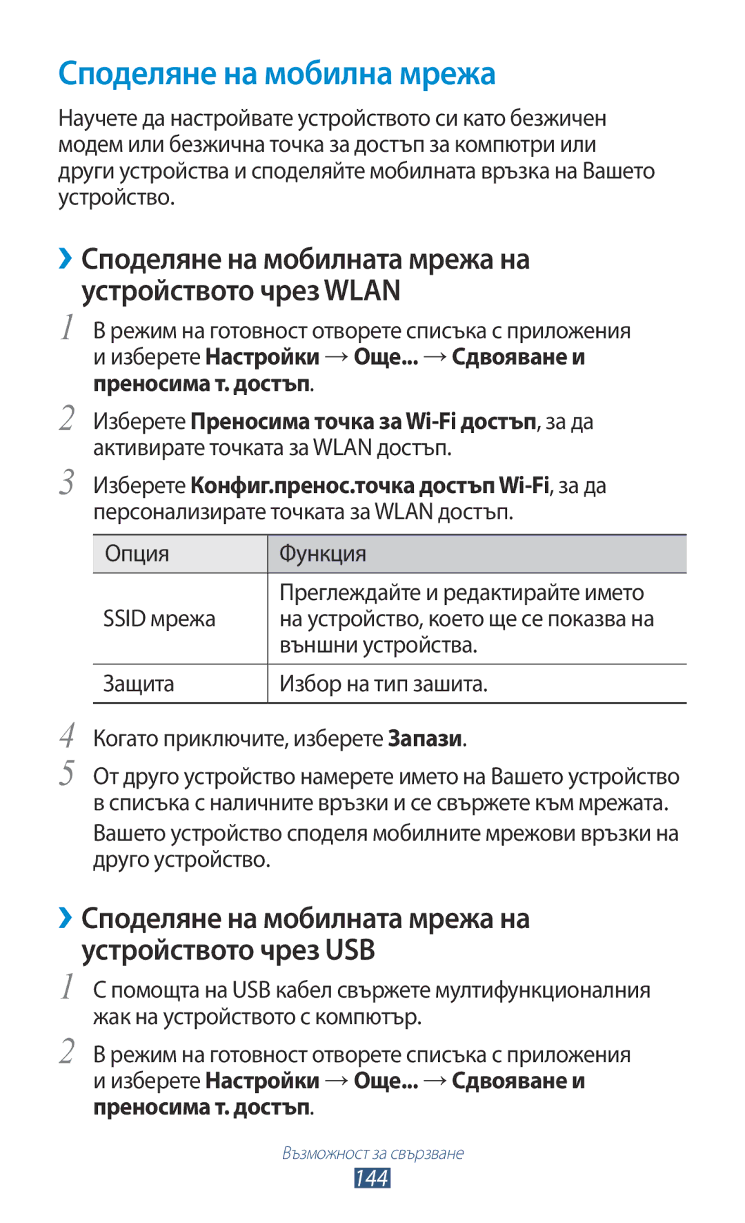 Samsung GT-N7000ZBAGBL, GT2N7000ZBAGBL, GT-N7000RWAGBL manual Споделяне на мобилна мрежа, Ssid мрежа, Външни устройства, 144 