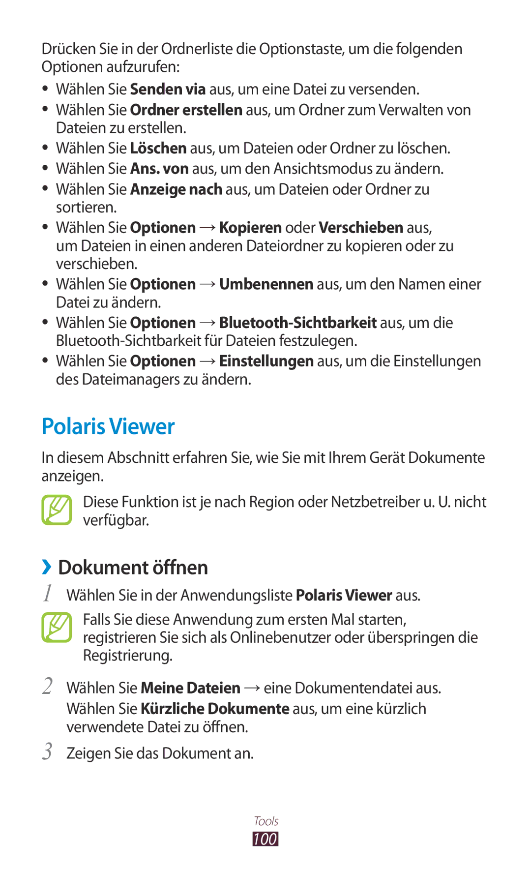 Samsung GT-S5300ZWADBT, GT2S5300ZKADBT, GT-S5300ZKAPLS Polaris Viewer, ››Dokument öffnen, 100, Zeigen Sie das Dokument an 