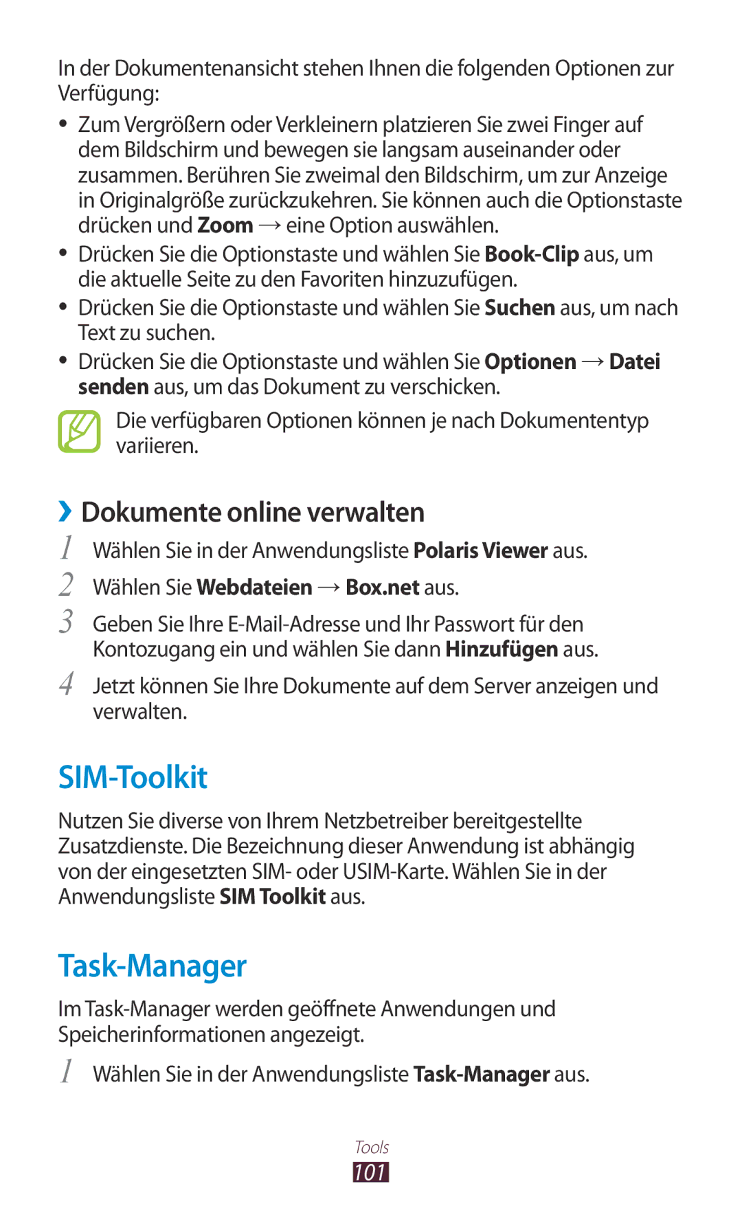 Samsung GT-S5300ZKADBT SIM-Toolkit, Task-Manager, ››Dokumente online verwalten, 101, Wählen Sie Webdateien → Box.net aus 