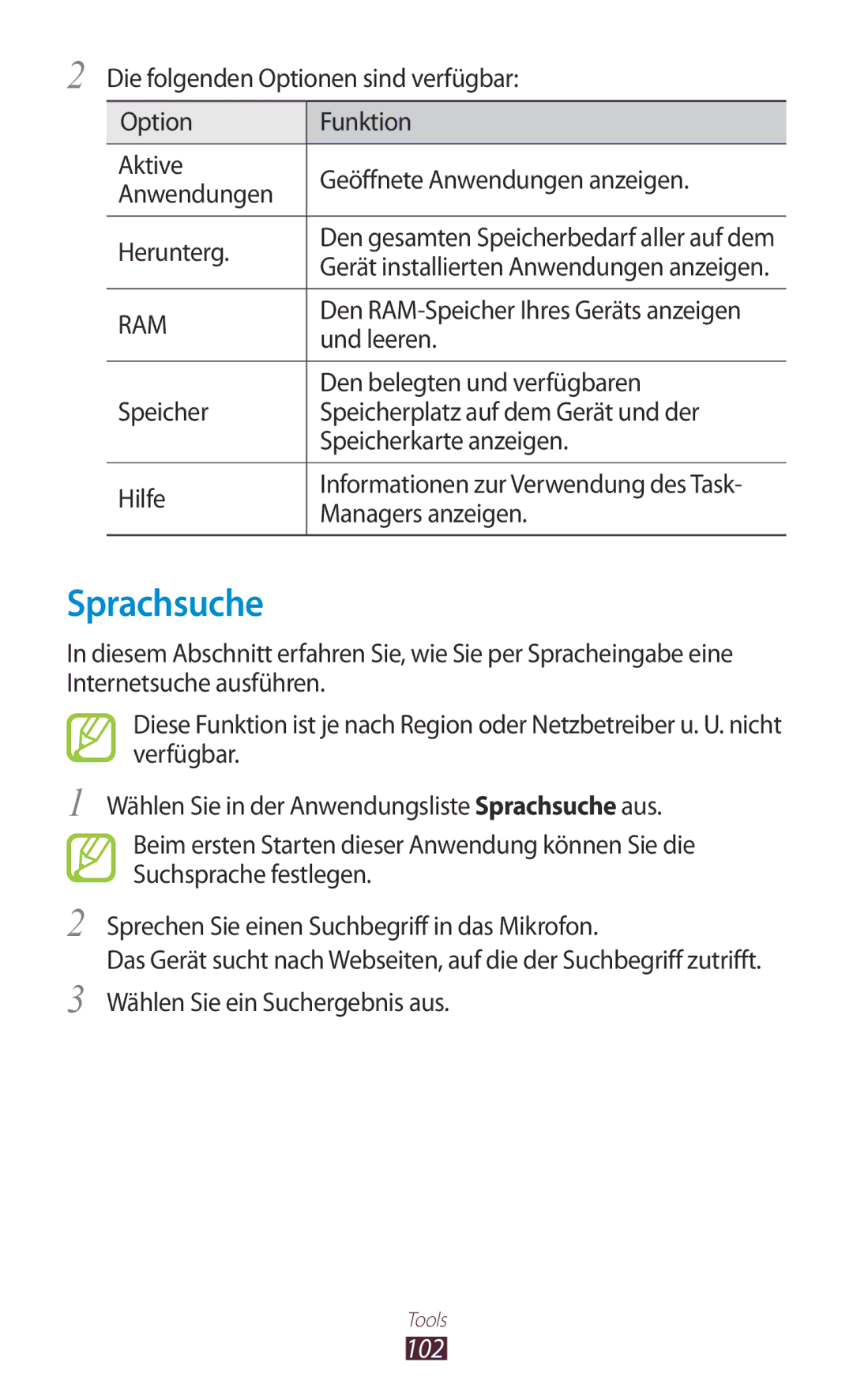 Samsung GT2S5300ZWADBT, GT2S5300ZKADBT manual Sprachsuche, 102, Und leeren, Den belegten und verfügbaren, Managers anzeigen 