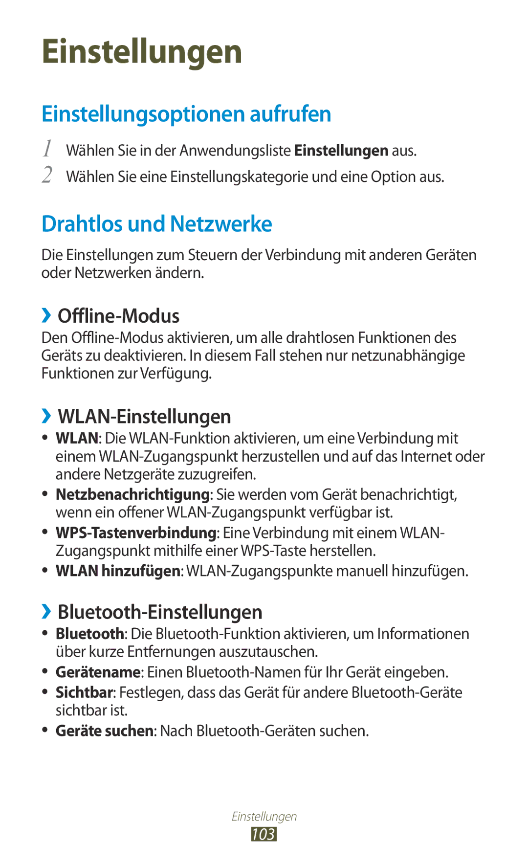 Samsung GT-S5300ZWATUR manual Einstellungsoptionen aufrufen, Drahtlos und Netzwerke, ››Offline-Modus, ››WLAN-Einstellungen 