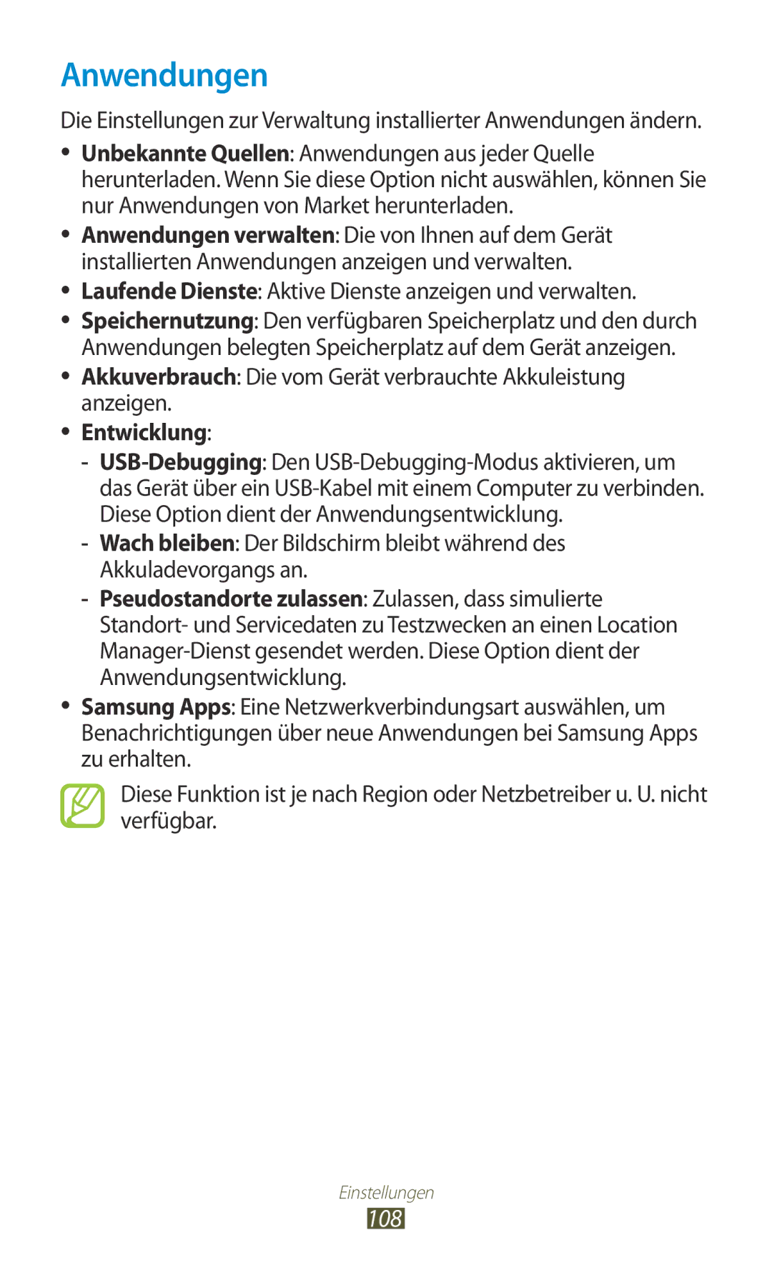 Samsung GT-S5300ZWADBT manual Anwendungen, 108, Laufende Dienste Aktive Dienste anzeigen und verwalten, Entwicklung 