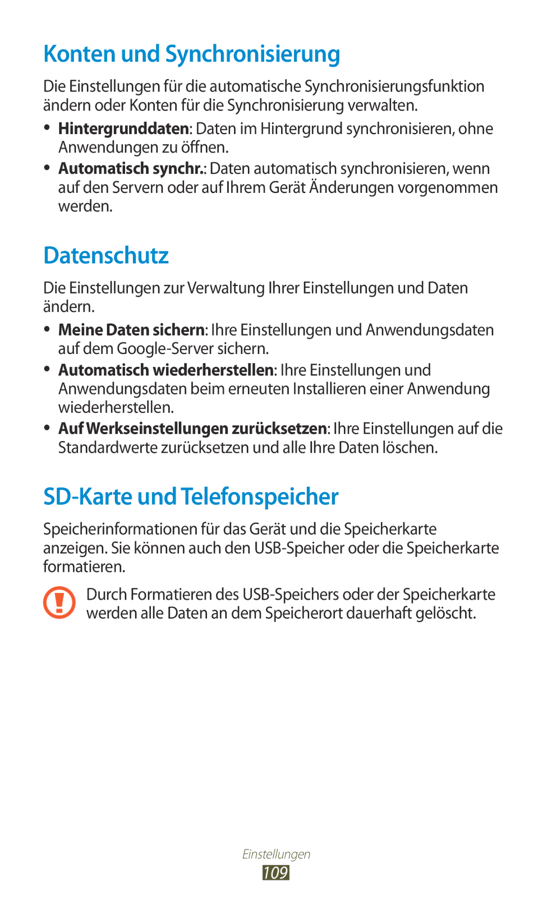 Samsung GT-S5300ZKADBT, GT2S5300ZKADBT manual Konten und Synchronisierung, Datenschutz, SD-Karte und Telefonspeicher, 109 