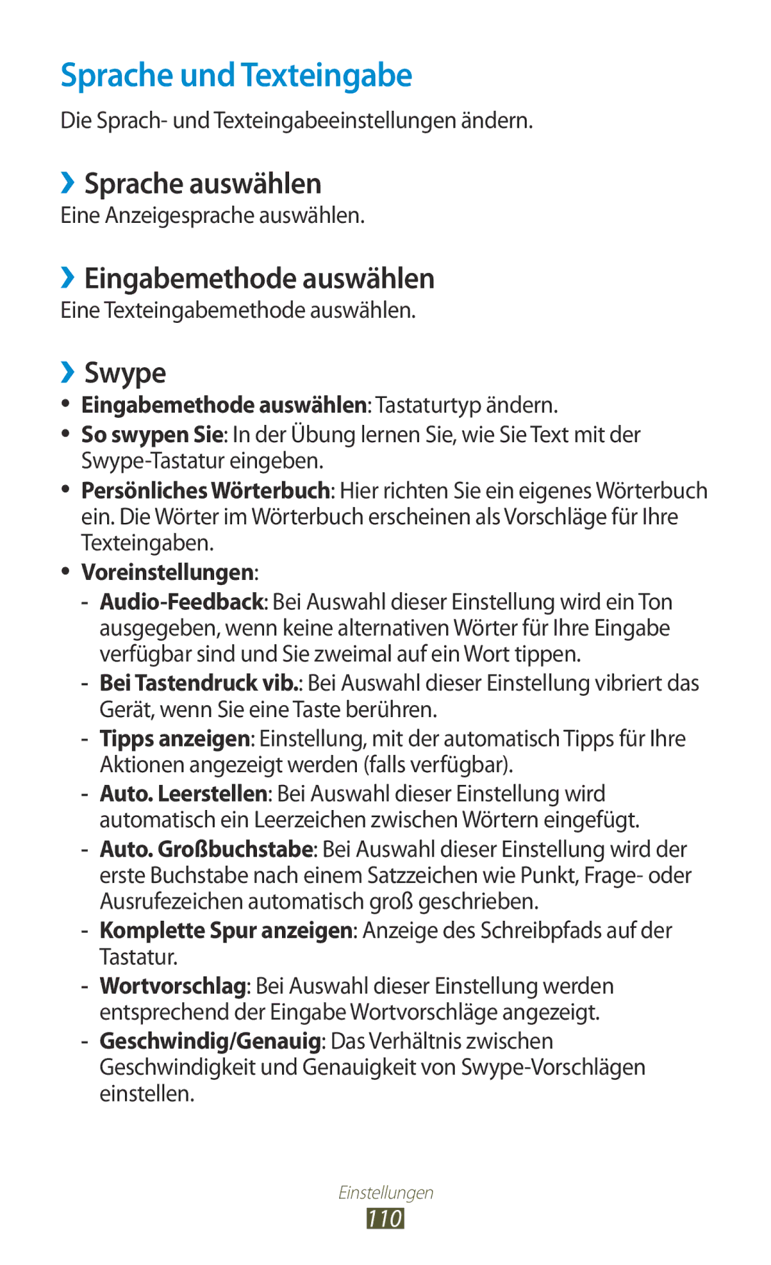 Samsung GT2S5300ZWADBT manual Sprache und Texteingabe, ››Sprache auswählen, ››Eingabemethode auswählen, ››Swype, 110 