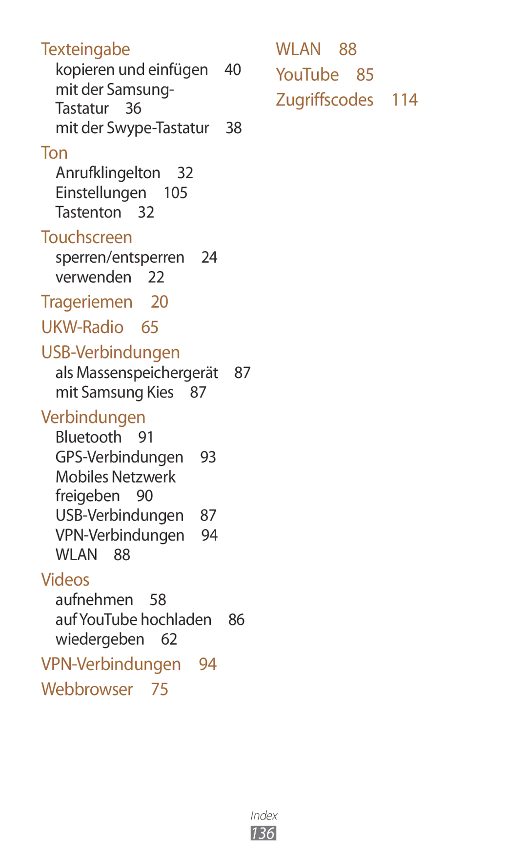 Samsung GT2S5300ZKADBT manual 136, Als Massenspeichergerät 87 mit Samsung Kies , Auf YouTube hochladen 86 wiedergeben  
