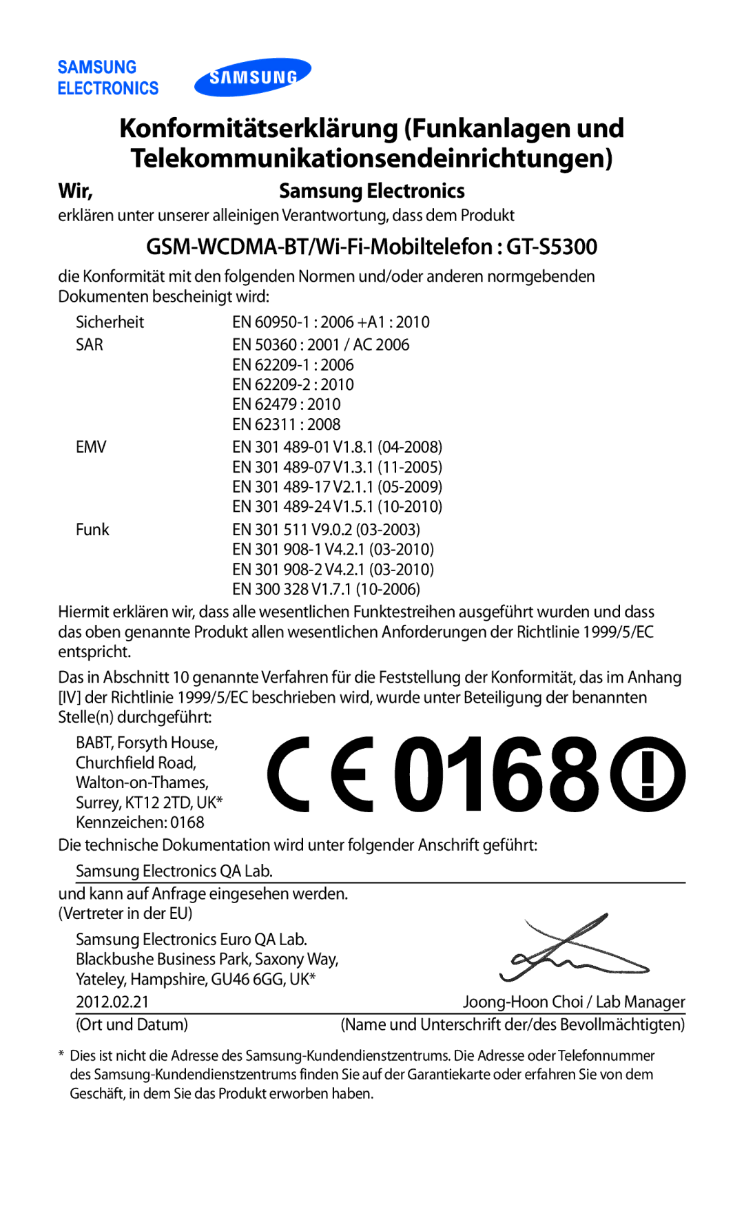 Samsung GT-S5300ZKAPLS, GT2S5300ZKADBT, GT-S5300ZKATUR, GT-S5300ZKAEUR, GT-S5300ZWADBT Konformitätserklärung Funkanlagen und 