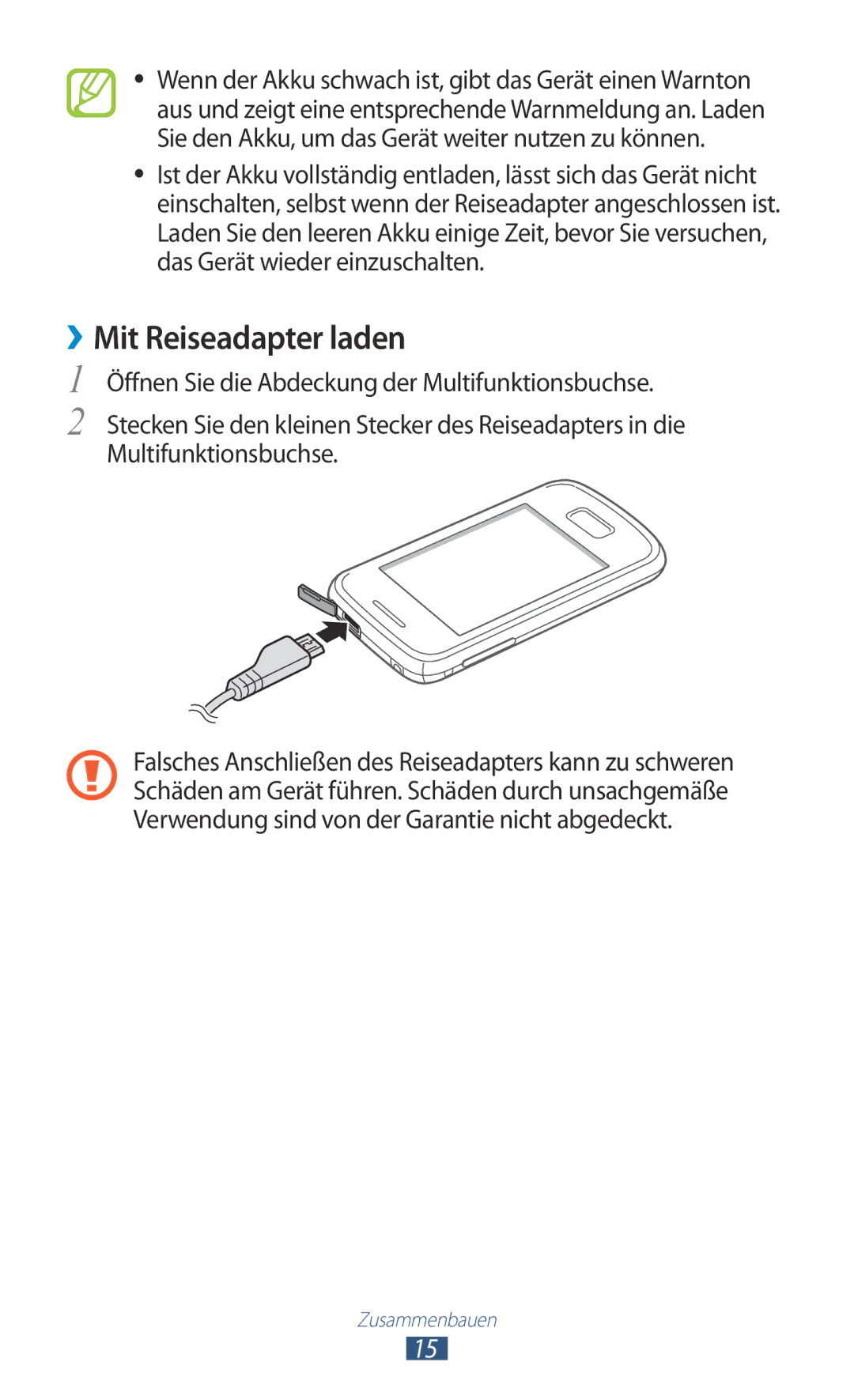 Samsung GT-S5300ZWATUR, GT2S5300ZKADBT, GT-S5300ZKAPLS, GT-S5300ZKATUR, GT-S5300ZKAEUR manual ››Mit Reiseadapter laden 