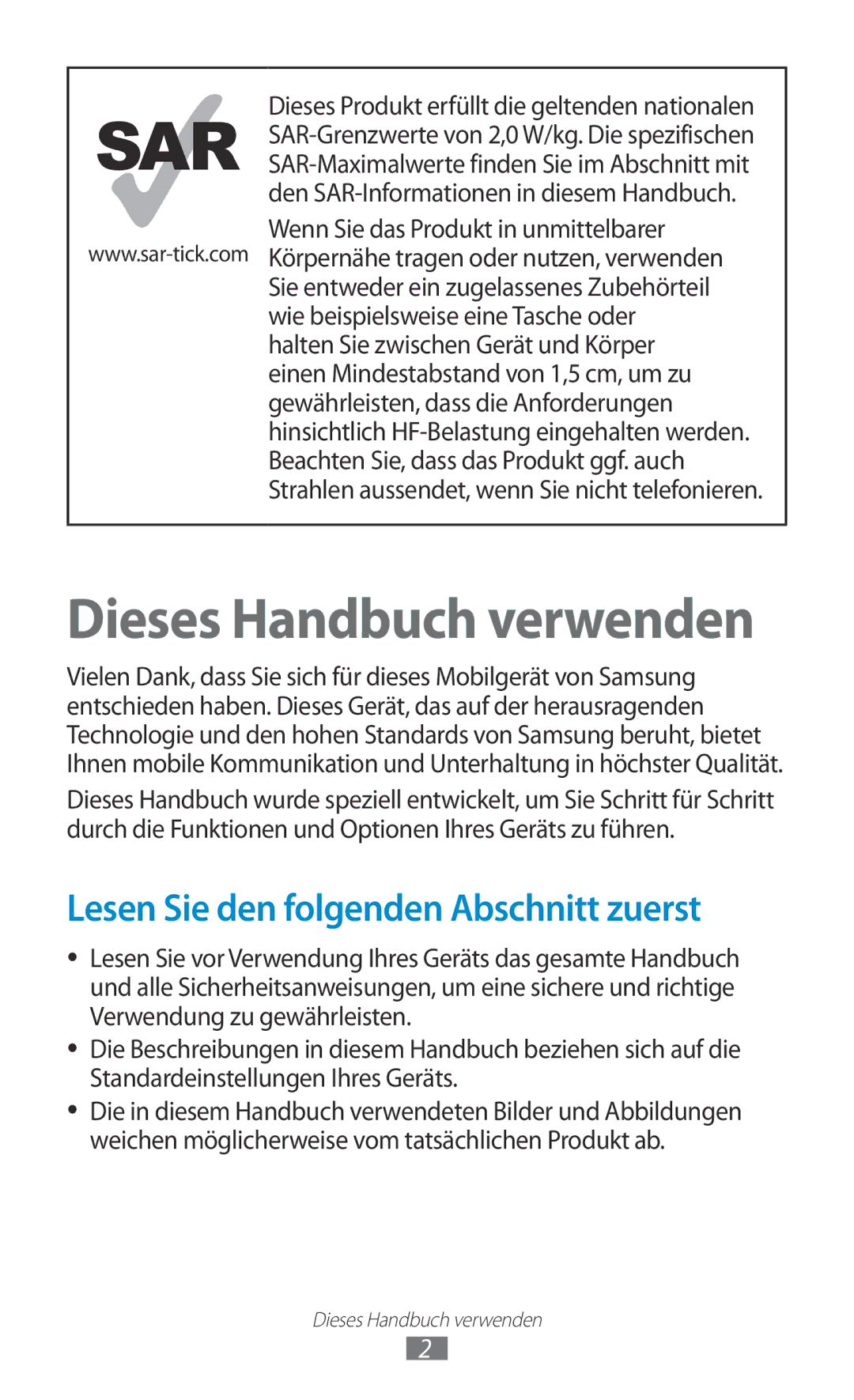 Samsung GT-S5300ZKATUR, GT2S5300ZKADBT, GT-S5300ZKAPLS Dieses Handbuch verwenden, Lesen Sie den folgenden Abschnitt zuerst 