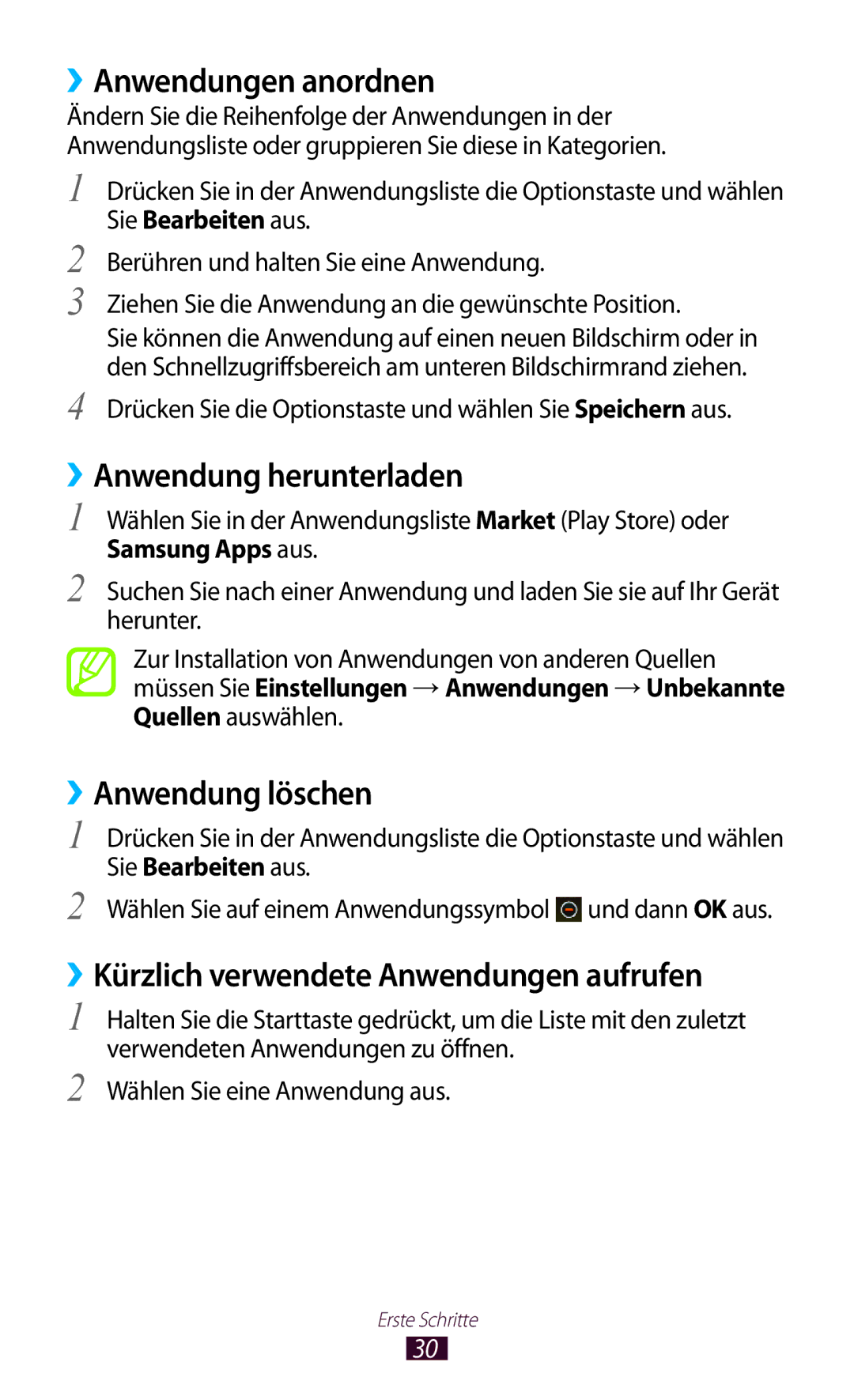 Samsung GT2S5300ZWADBT, GT2S5300ZKADBT manual ››Anwendungen anordnen, ››Anwendung herunterladen, ››Anwendung löschen 