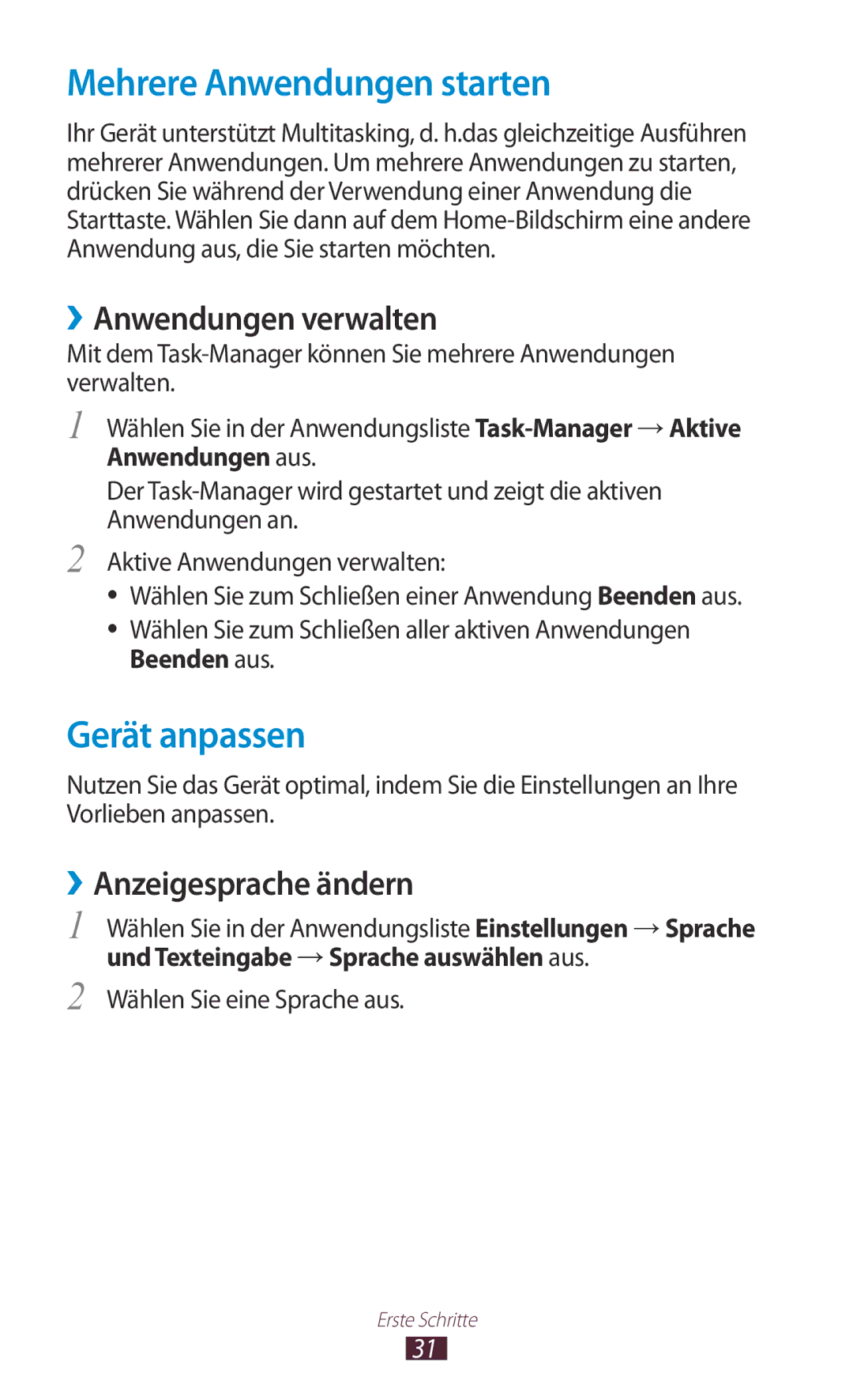 Samsung GT-S5300ZWATUR manual Mehrere Anwendungen starten, Gerät anpassen, ››Anwendungen verwalten, ››Anzeigesprache ändern 