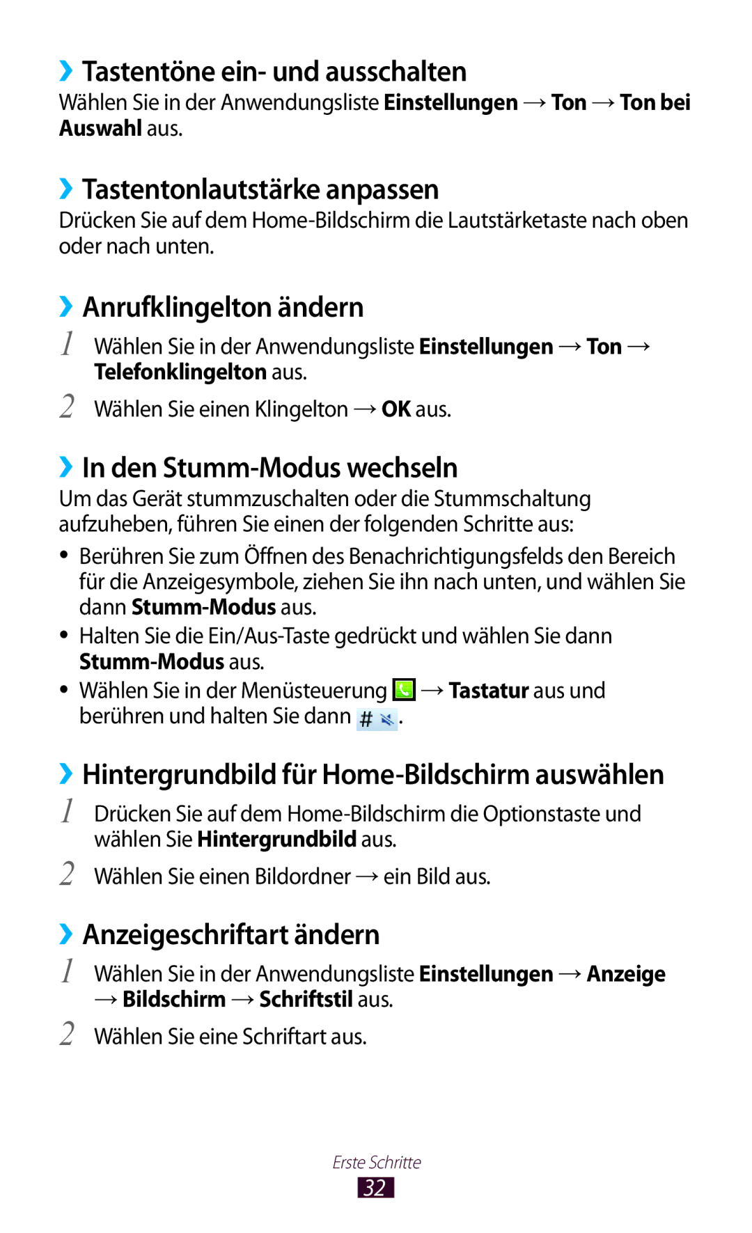 Samsung GT2S5300ZKADBT manual ››Tastentöne ein- und ausschalten, ››Tastentonlautstärke anpassen, ››Anrufklingelton ändern 