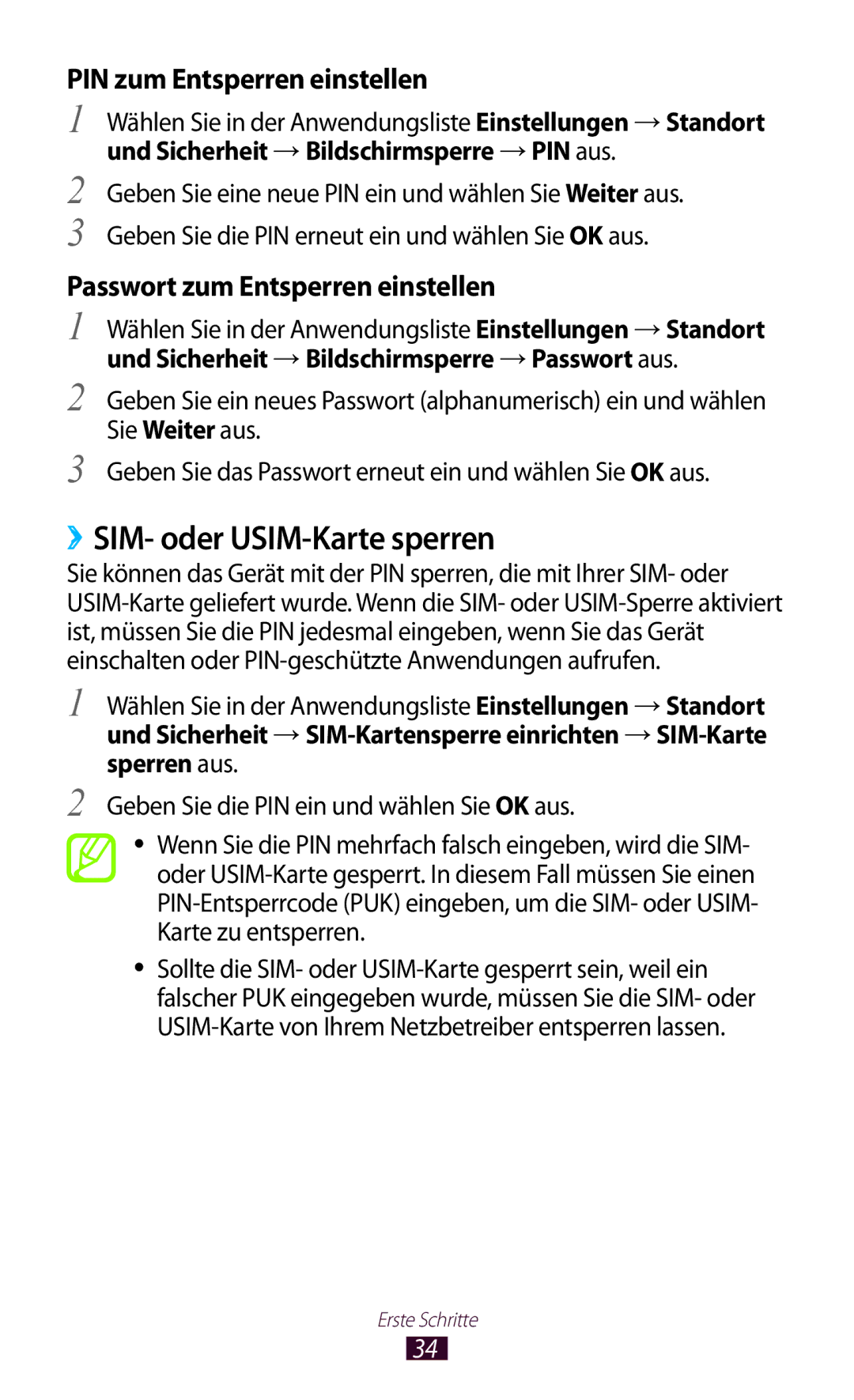 Samsung GT-S5300ZKATUR, GT2S5300ZKADBT, GT-S5300ZKAPLS manual ››SIM- oder USIM-Karte sperren, PIN zum Entsperren einstellen 