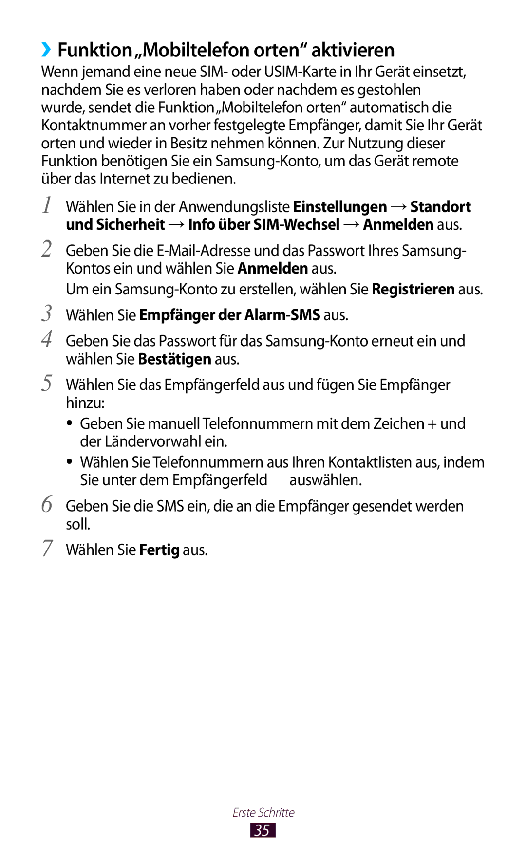 Samsung GT-S5300ZKAEUR, GT2S5300ZKADBT ››Funktion„Mobiltelefon orten aktivieren, Wählen Sie Empfänger der Alarm-SMS aus 