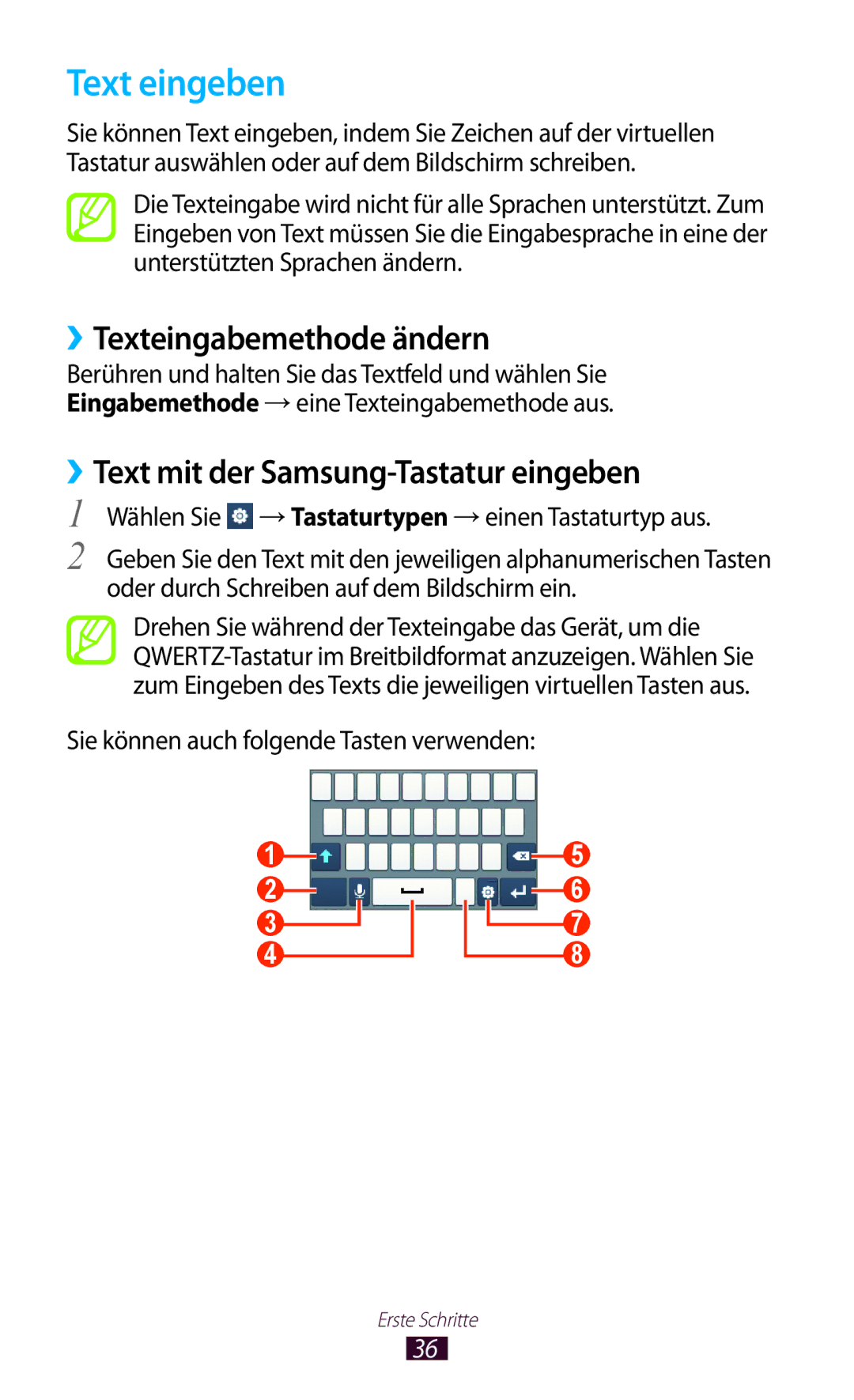 Samsung GT-S5300ZWADBT manual Text eingeben, ››Texteingabemethode ändern, ››Text mit der Samsung-Tastatur eingeben 