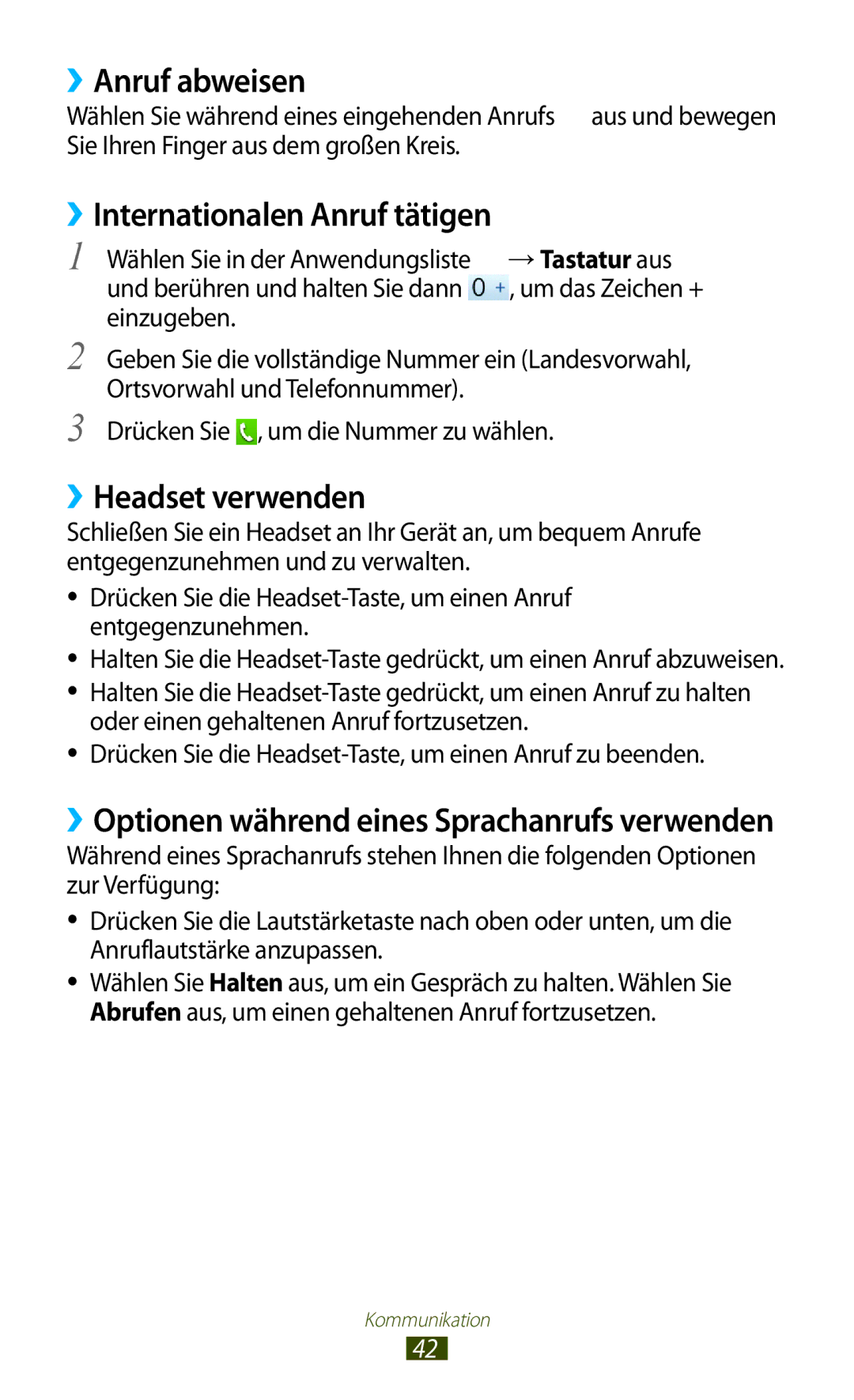 Samsung GT-S5300ZKATUR, GT2S5300ZKADBT manual ››Anruf abweisen, ››Internationalen Anruf tätigen, ››Headset verwenden 