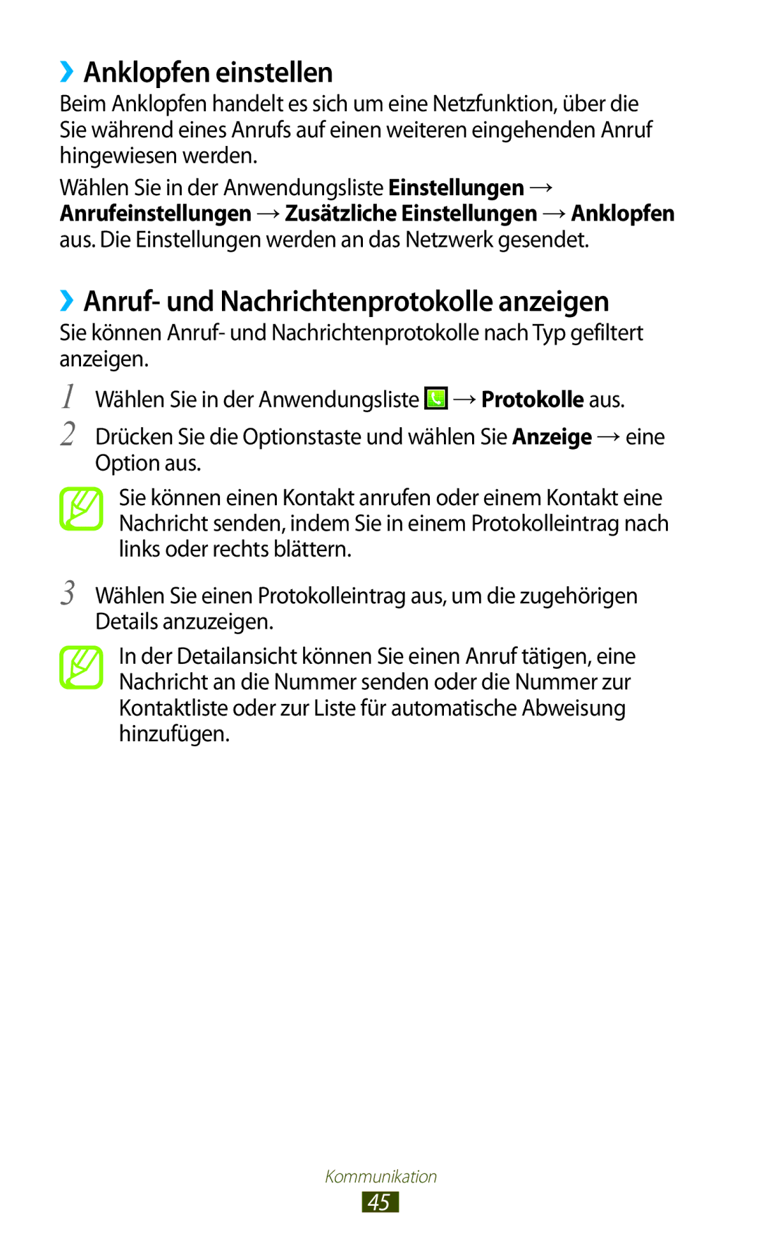 Samsung GT-S5300ZKADBT, GT2S5300ZKADBT, GT-S5300ZKAPLS ››Anklopfen einstellen, ››Anruf- und Nachrichtenprotokolle anzeigen 