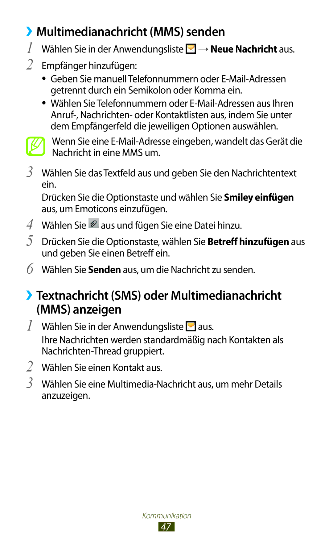 Samsung GT-S5300ZWATUR manual ››Multimedianachricht MMS senden, ››Textnachricht SMS oder Multimedianachricht MMS anzeigen 