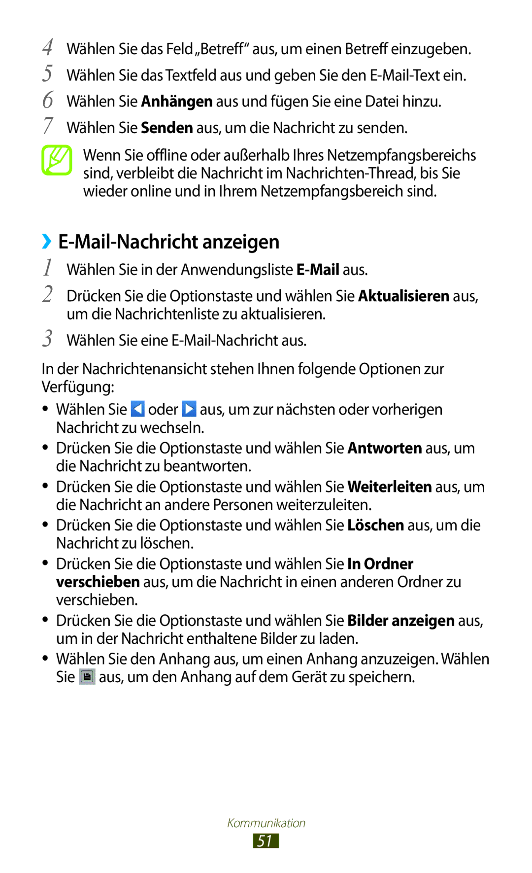 Samsung GT-S5300ZKAEUR Wählen Sie Senden aus, um die Nachricht zu senden, Wählen Sie in der Anwendungsliste E-Mailaus 