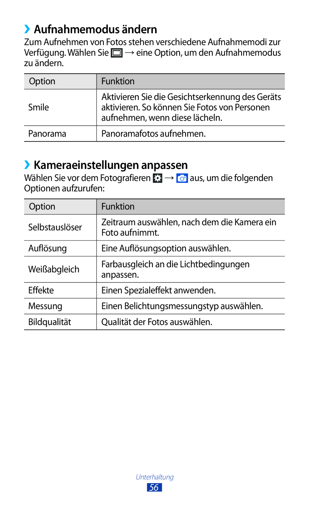 Samsung GT2S5300ZKADBT, GT-S5300ZKAPLS, GT-S5300ZKATUR manual ››Aufnahmemodus ändern, ››Kameraeinstellungen anpassen 