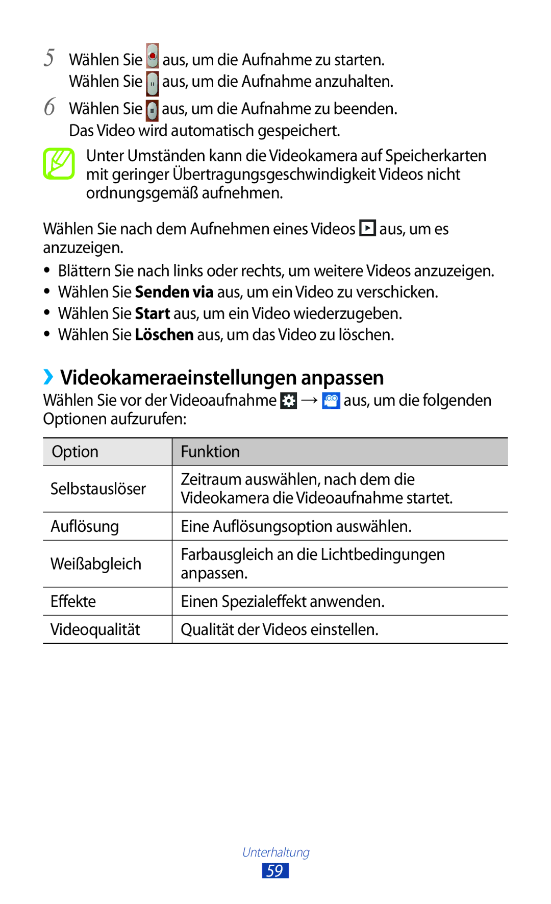 Samsung GT-S5300ZKAEUR, GT2S5300ZKADBT manual ››Videokameraeinstellungen anpassen, Das Video wird automatisch gespeichert 