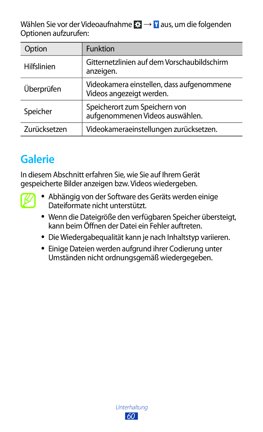 Samsung GT-S5300ZWADBT manual Galerie, Videos angezeigt werden, Die Wiedergabequalität kann je nach Inhaltstyp variieren 