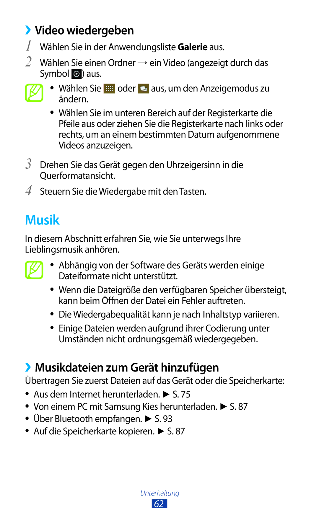 Samsung GT2S5300ZWADBT, GT2S5300ZKADBT, GT-S5300ZKAPLS manual ››Video wiedergeben, ››Musikdateien zum Gerät hinzufügen 