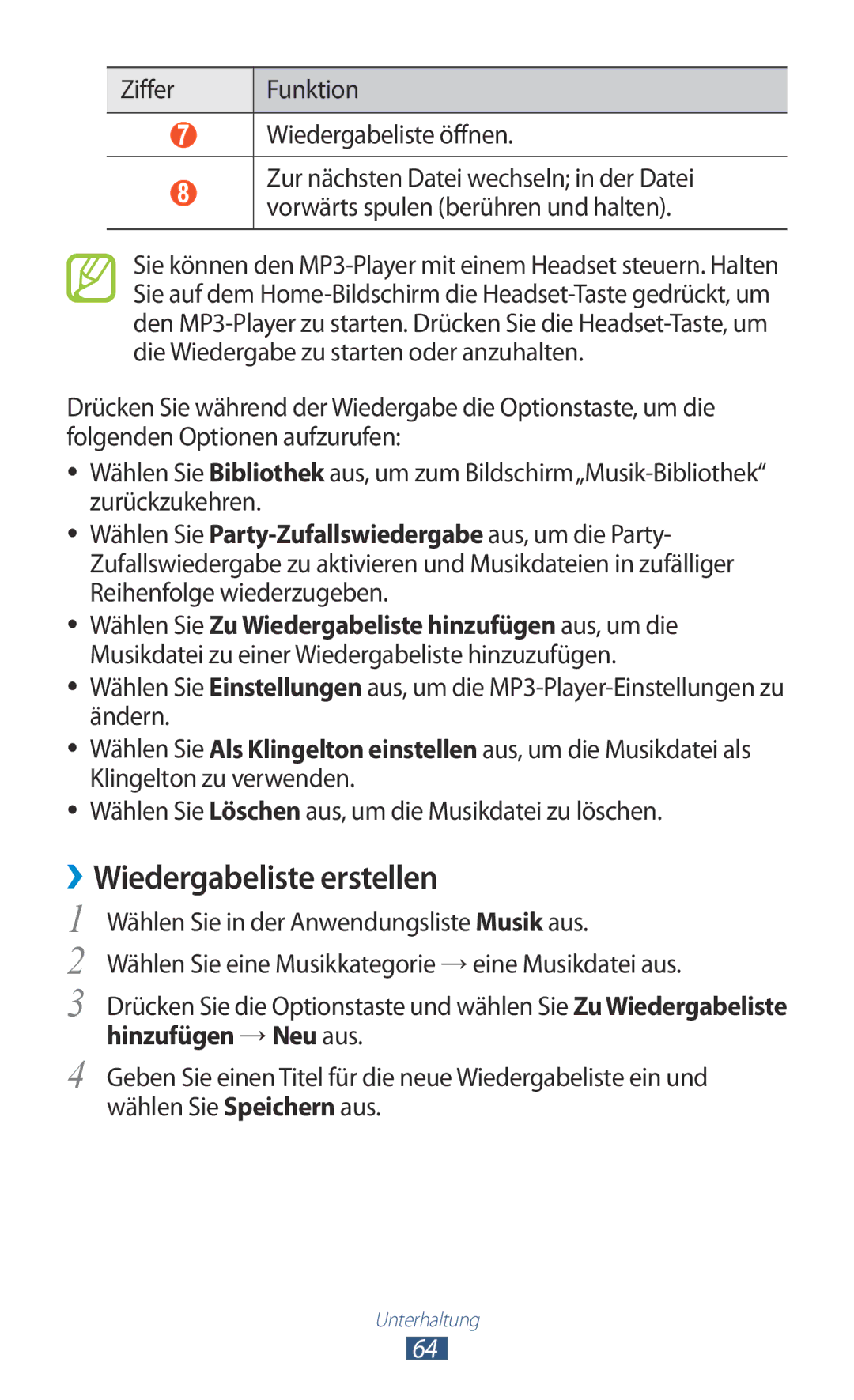 Samsung GT2S5300ZKADBT, GT-S5300ZKAPLS, GT-S5300ZKATUR ››Wiedergabeliste erstellen, Ziffer Funktion Wiedergabeliste öffnen 