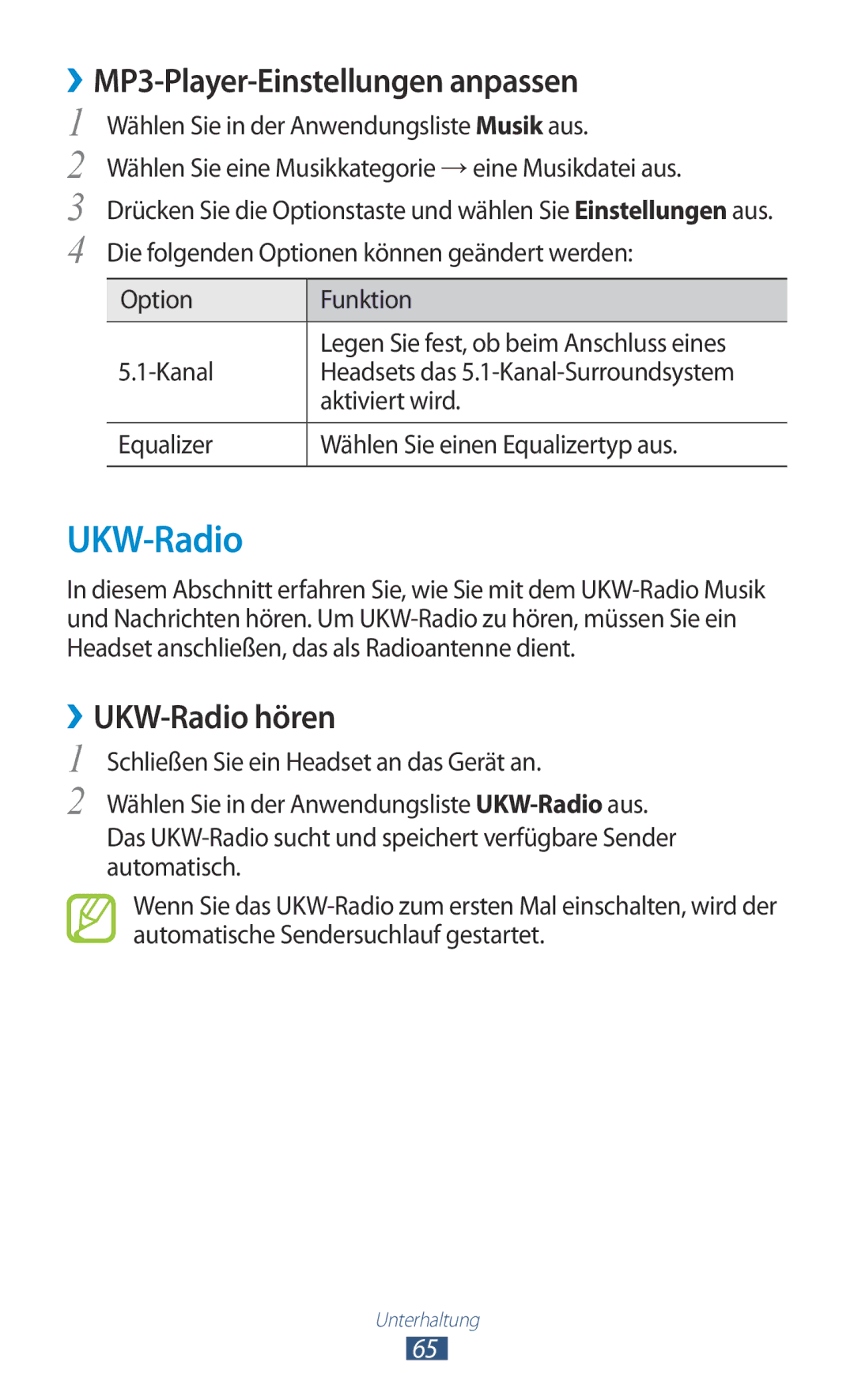 Samsung GT-S5300ZKAPLS, GT2S5300ZKADBT, GT-S5300ZKATUR manual ››MP3-Player-Einstellungen anpassen, ››UKW-Radio hören 