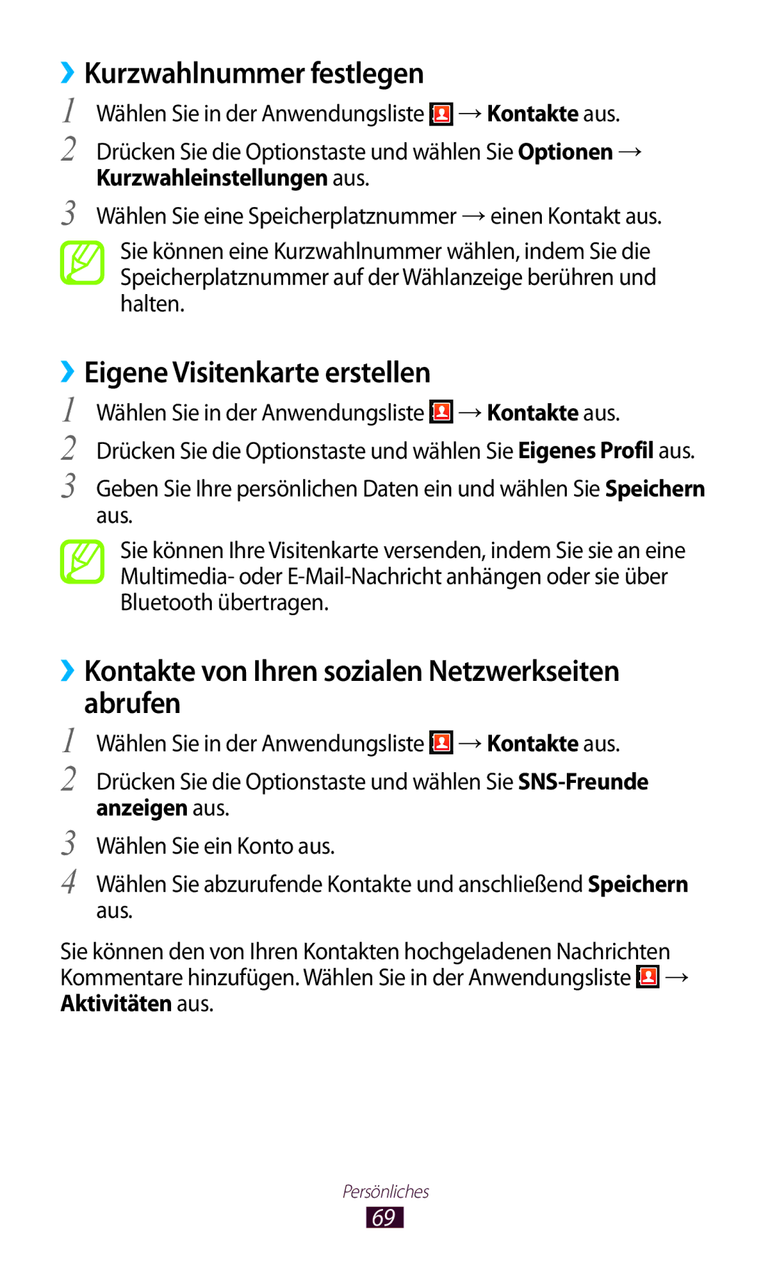 Samsung GT-S5300ZKADBT manual ››Kurzwahlnummer festlegen, ››Eigene Visitenkarte erstellen, Kurzwahleinstellungen aus 
