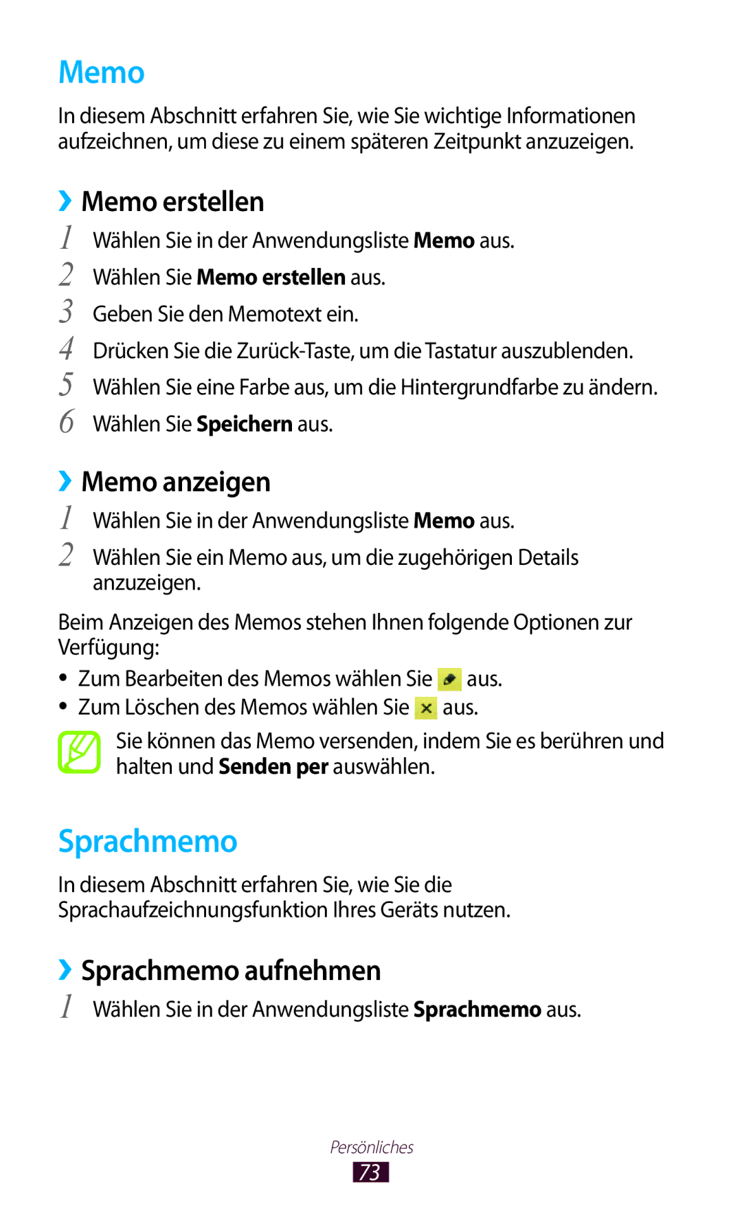 Samsung GT-S5300ZKAPLS, GT2S5300ZKADBT, GT-S5300ZKATUR ››Memo erstellen, ››Memo anzeigen, ››Sprachmemo aufnehmen 