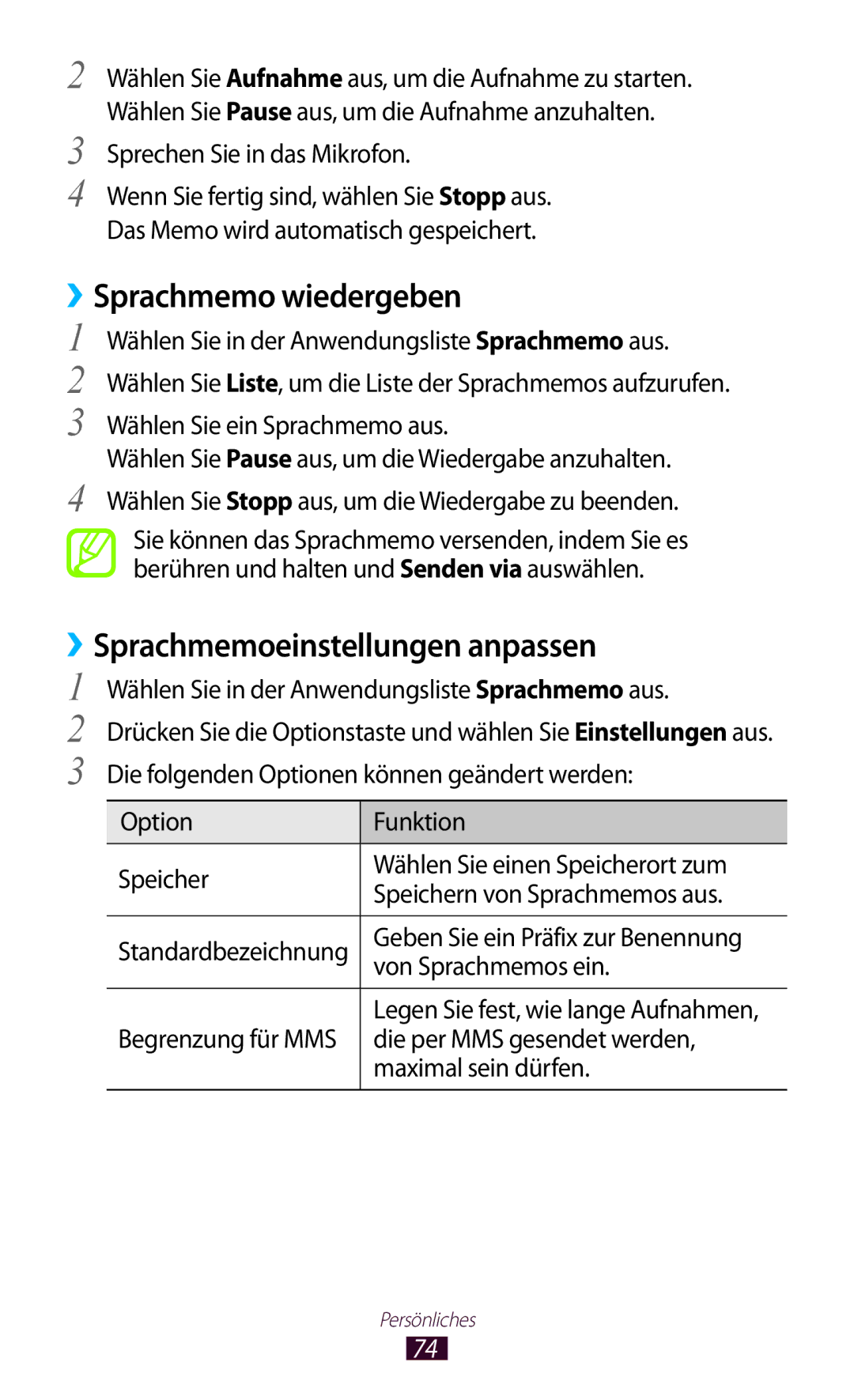 Samsung GT-S5300ZKATUR manual ››Sprachmemo wiedergeben, ››Sprachmemoeinstellungen anpassen, Sprechen Sie in das Mikrofon 