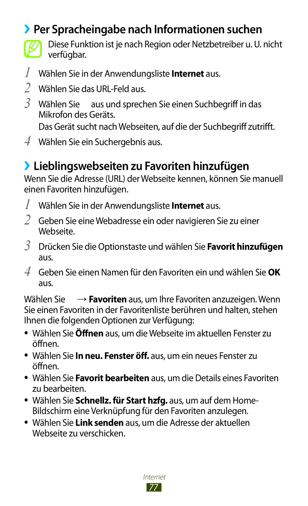 Samsung GT-S5300ZKADBT manual ››Lieblingswebseiten zu Favoriten hinzufügen, ››Per Spracheingabe nach Informationen suchen 