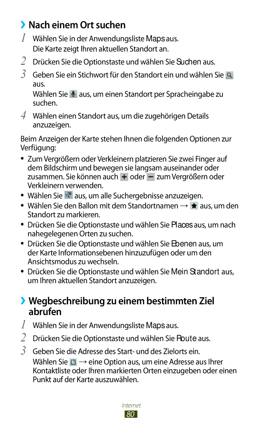 Samsung GT2S5300ZKADBT, GT-S5300ZKAPLS manual ››Nach einem Ort suchen, ››Wegbeschreibung zu einem bestimmten Ziel abrufen 